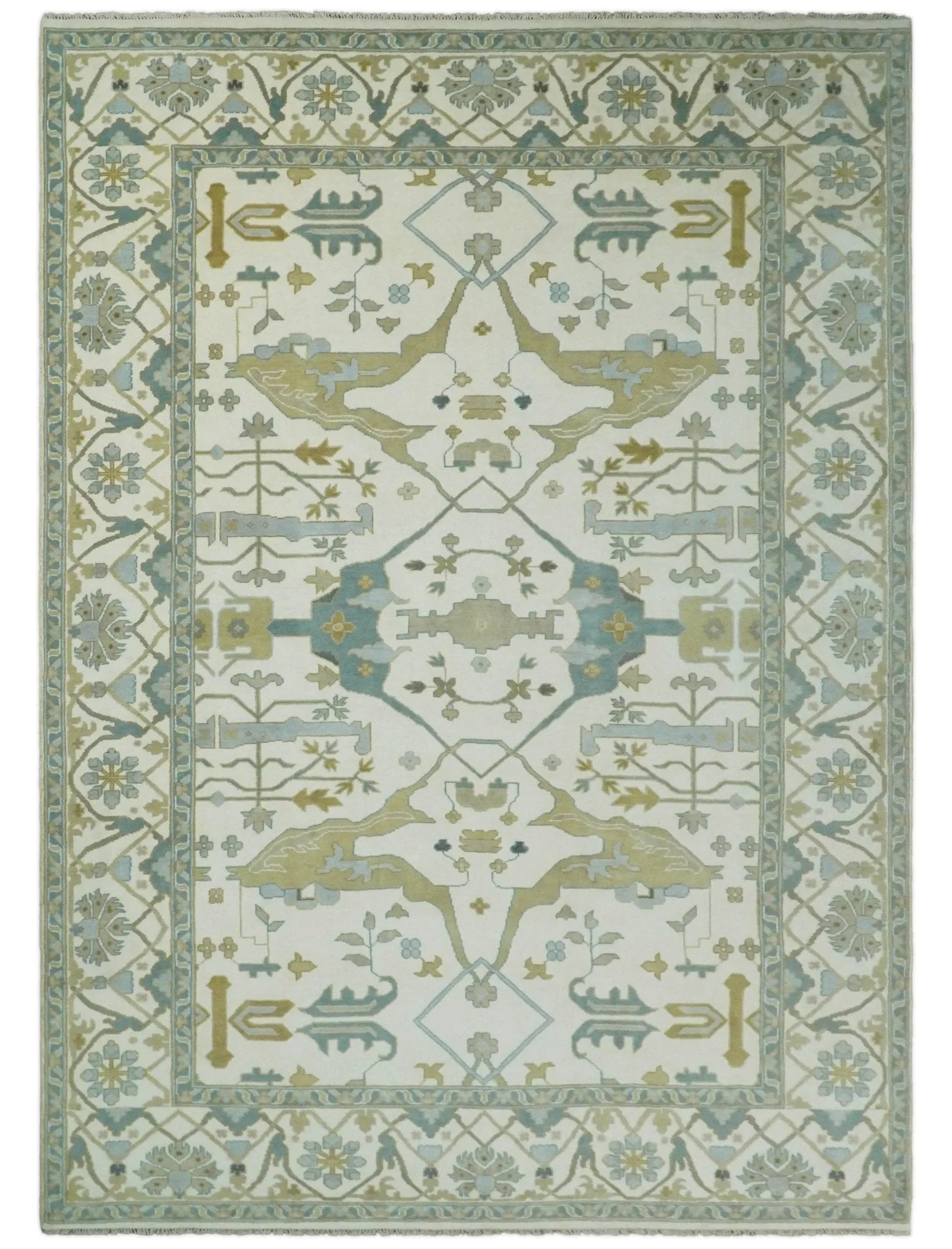 Custom Made Hand Knotted Oriental Oushak Ivory and Light Blue Wool Area Rug