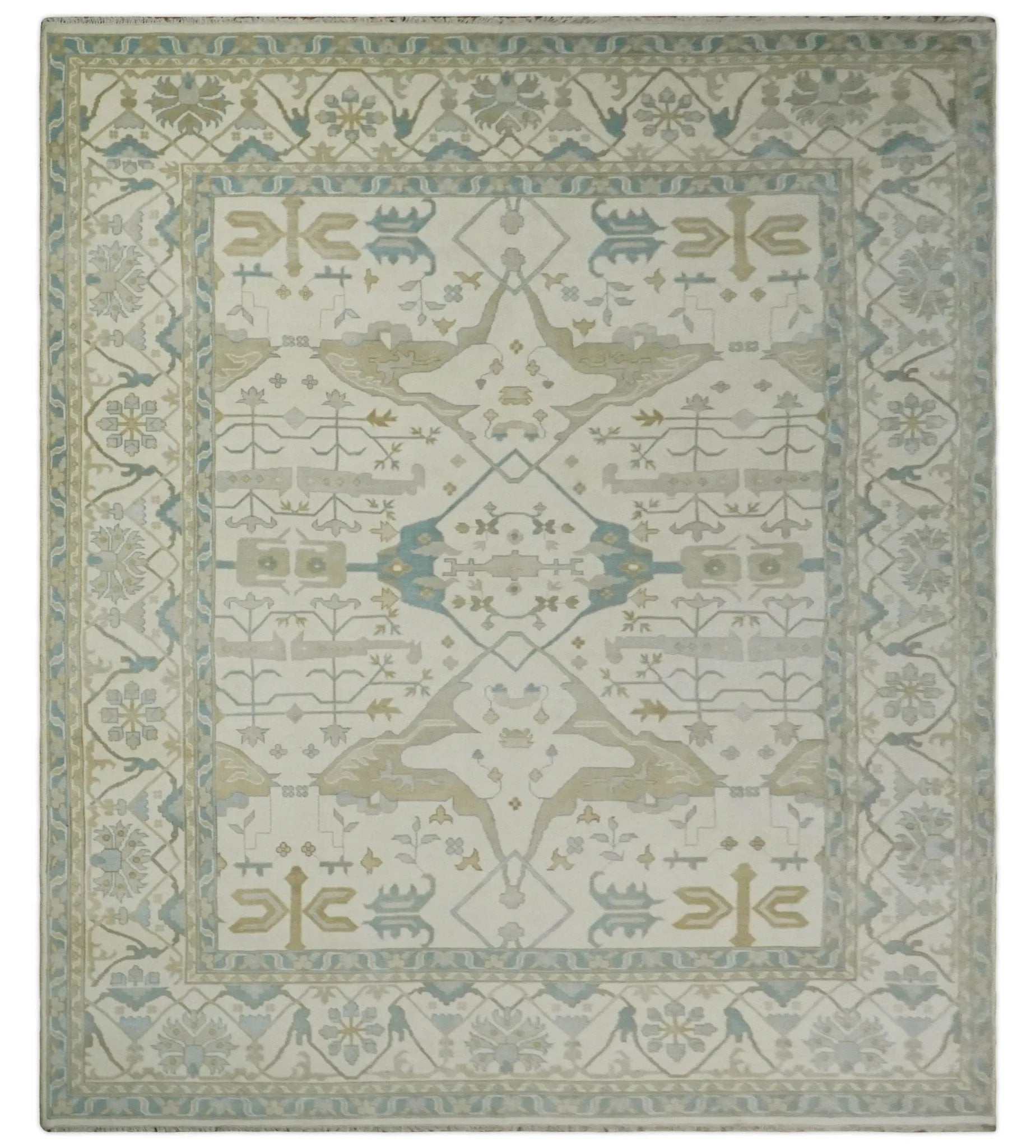 Custom Made Hand Knotted Oriental Oushak Ivory and Light Blue Wool Area Rug