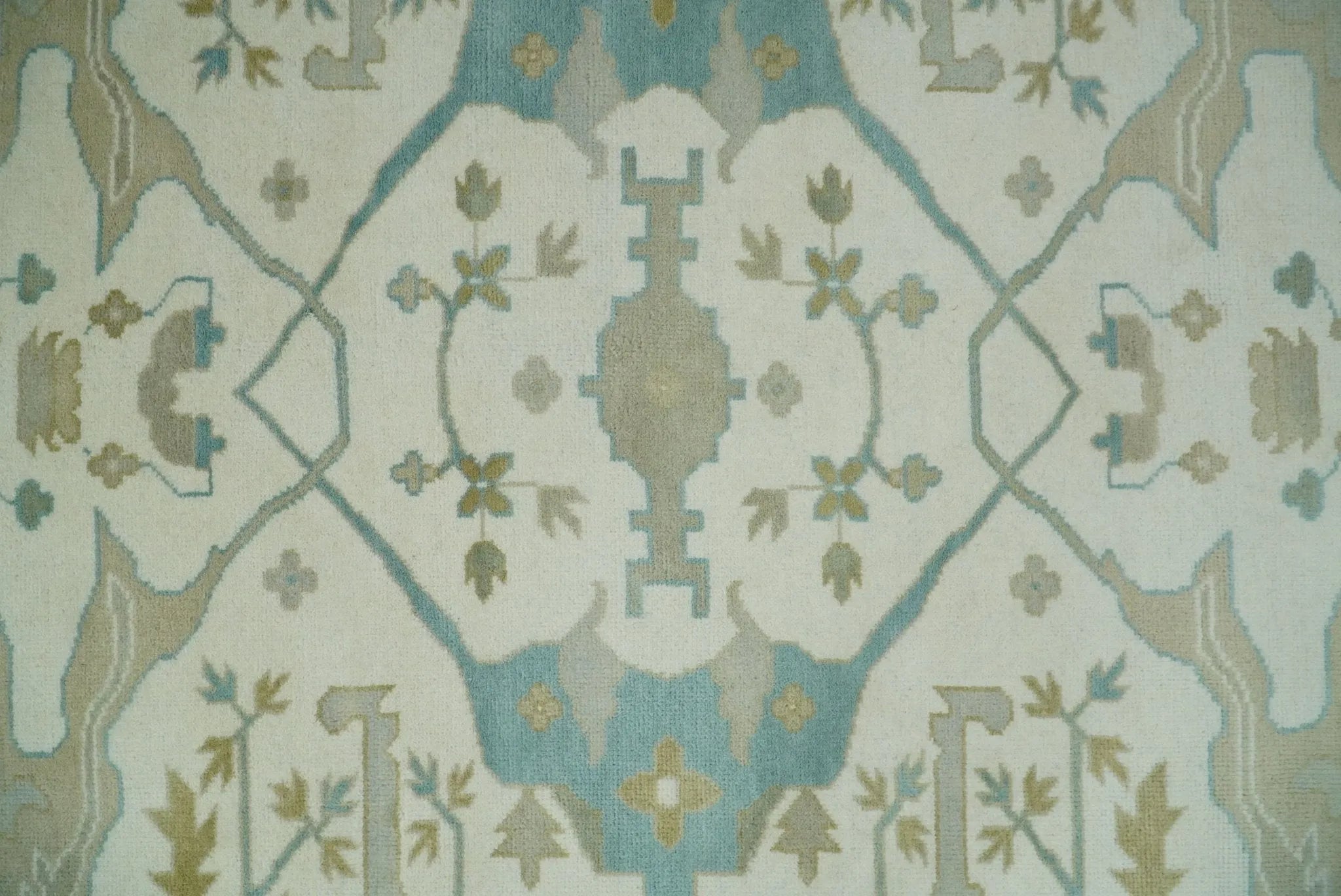 Custom Made Hand Knotted Oriental Oushak Ivory and Light Blue Wool Area Rug