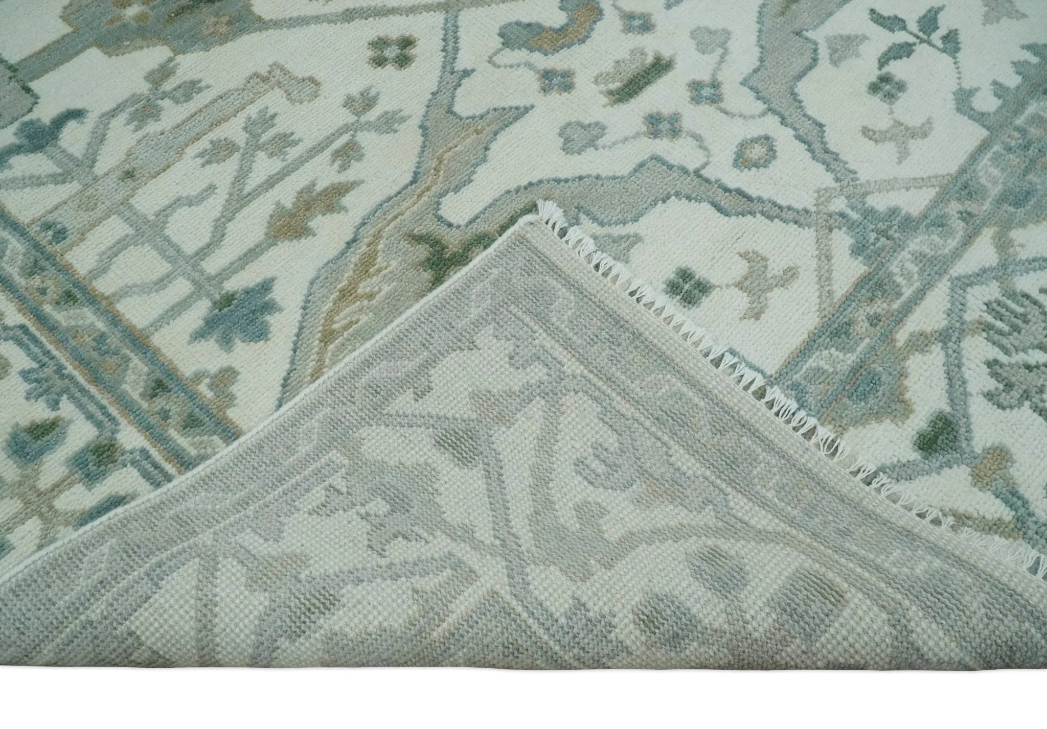 Custom Made Hand Knotted Oriental Oushak Ivory and Teal Wool Area Rug