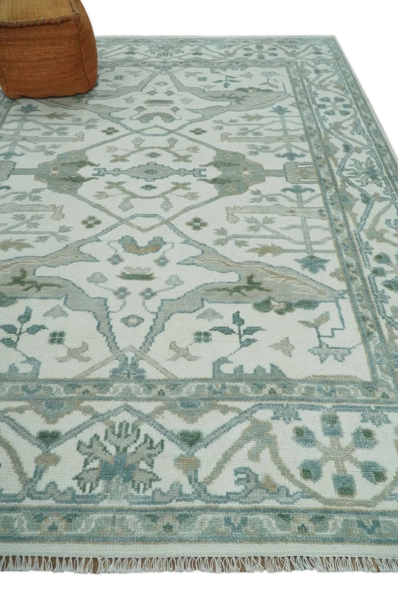 Custom Made Hand Knotted Oriental Oushak Ivory and Teal Wool Area Rug