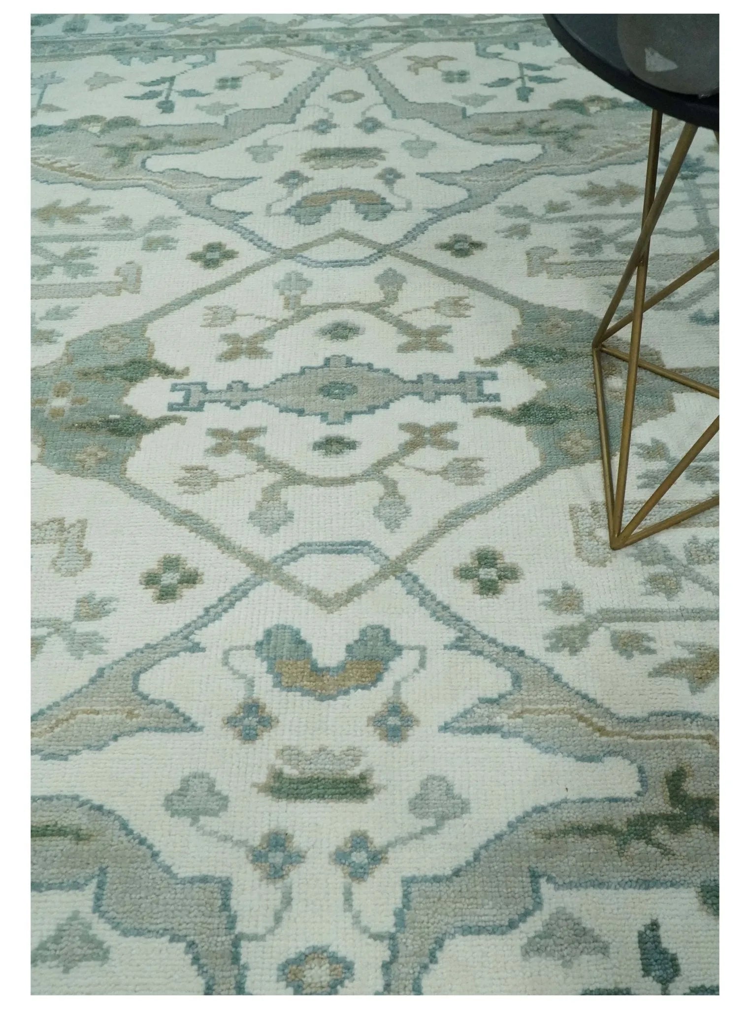 Custom Made Hand Knotted Oriental Oushak Ivory and Teal Wool Area Rug