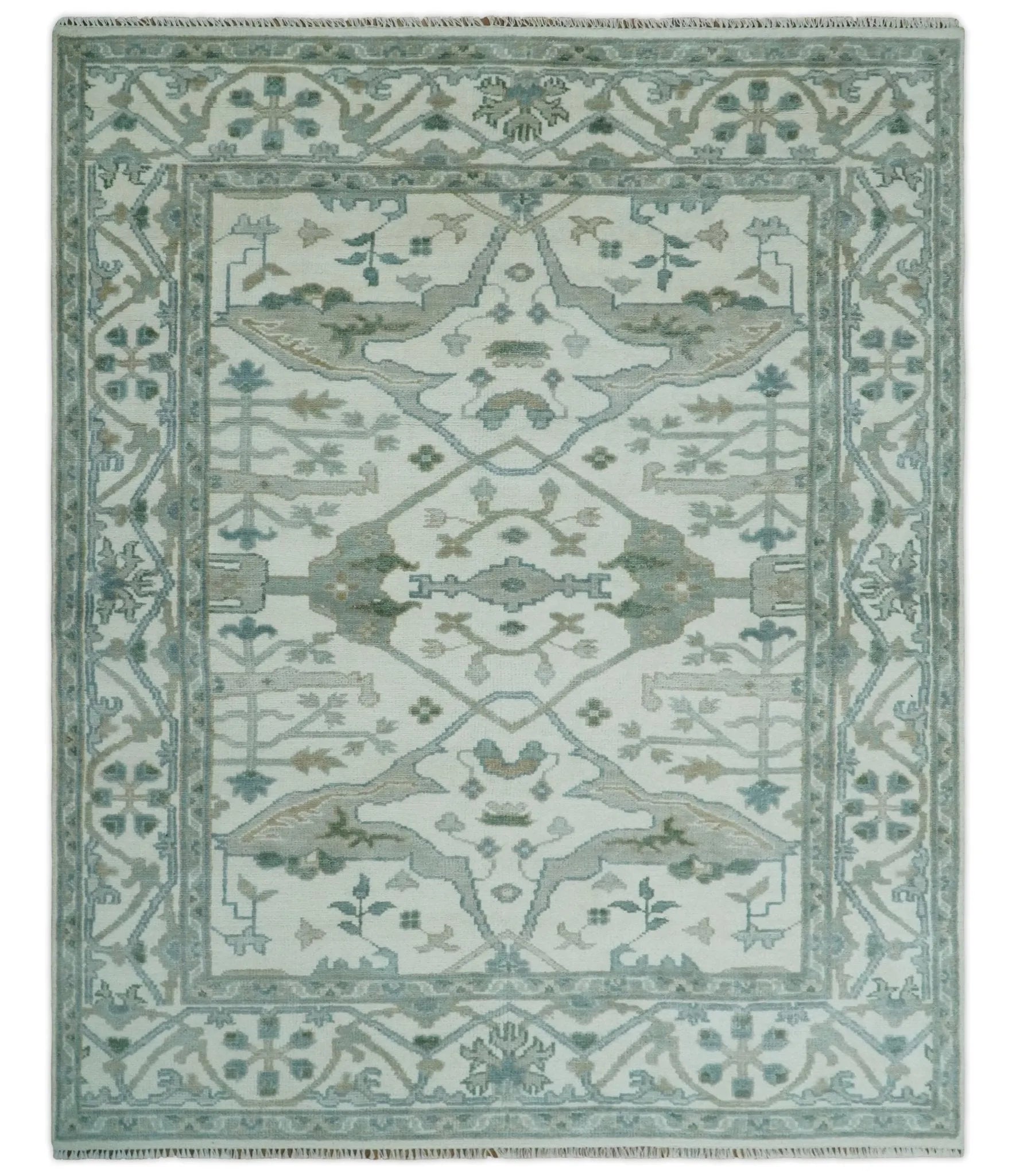 Custom Made Hand Knotted Oriental Oushak Ivory and Teal Wool Area Rug