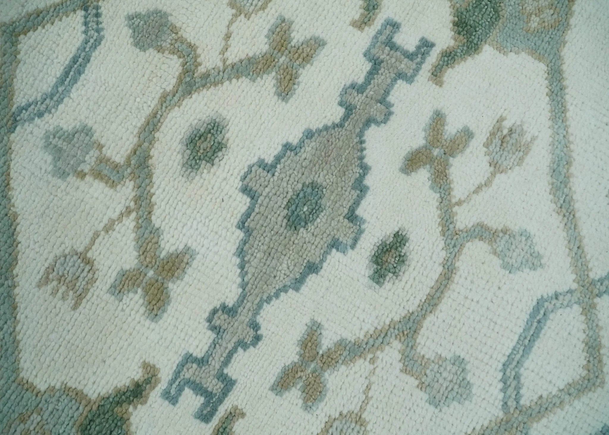 Custom Made Hand Knotted Oriental Oushak Ivory and Teal Wool Area Rug