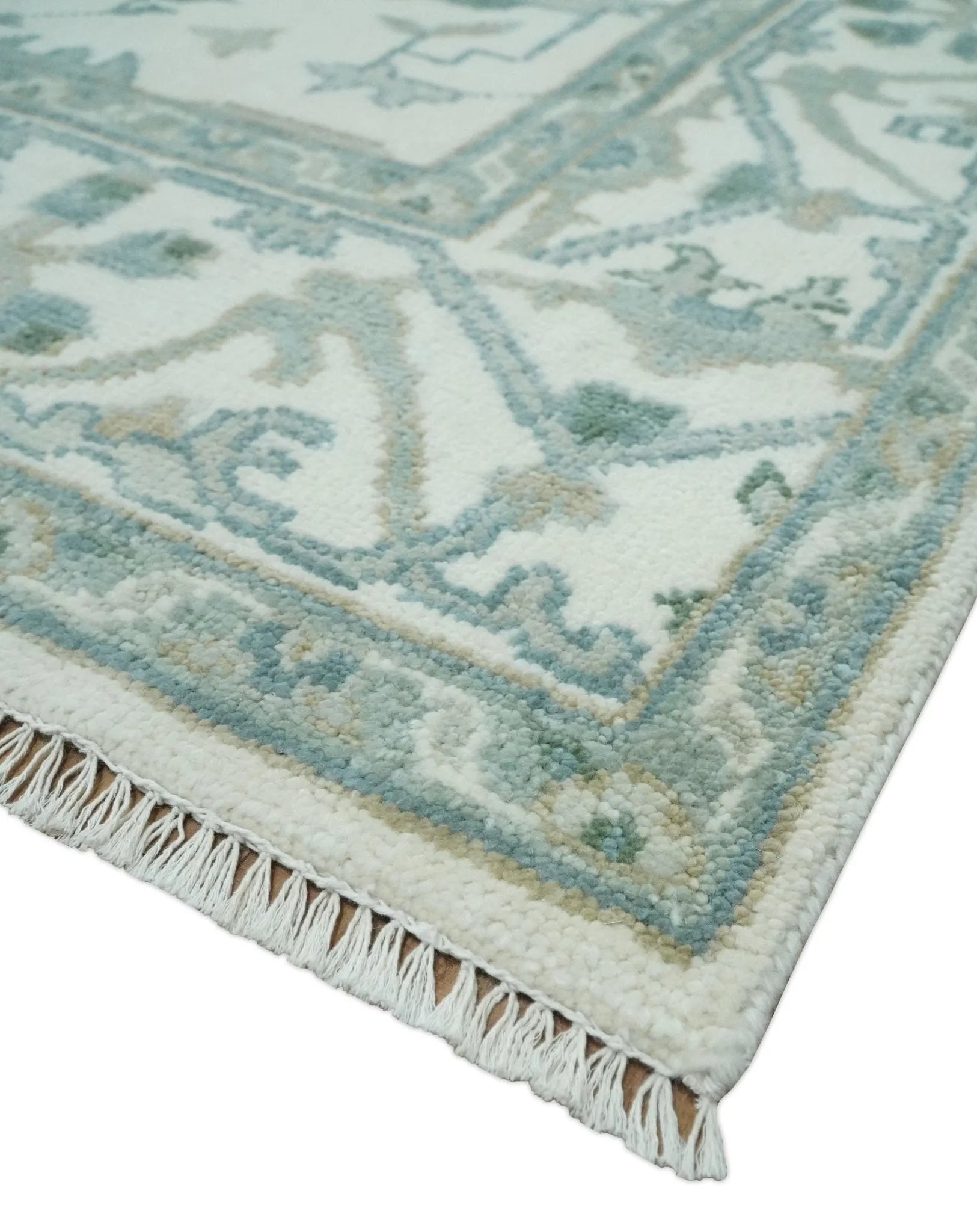 Custom Made Hand Knotted Oriental Oushak Ivory and Teal Wool Area Rug