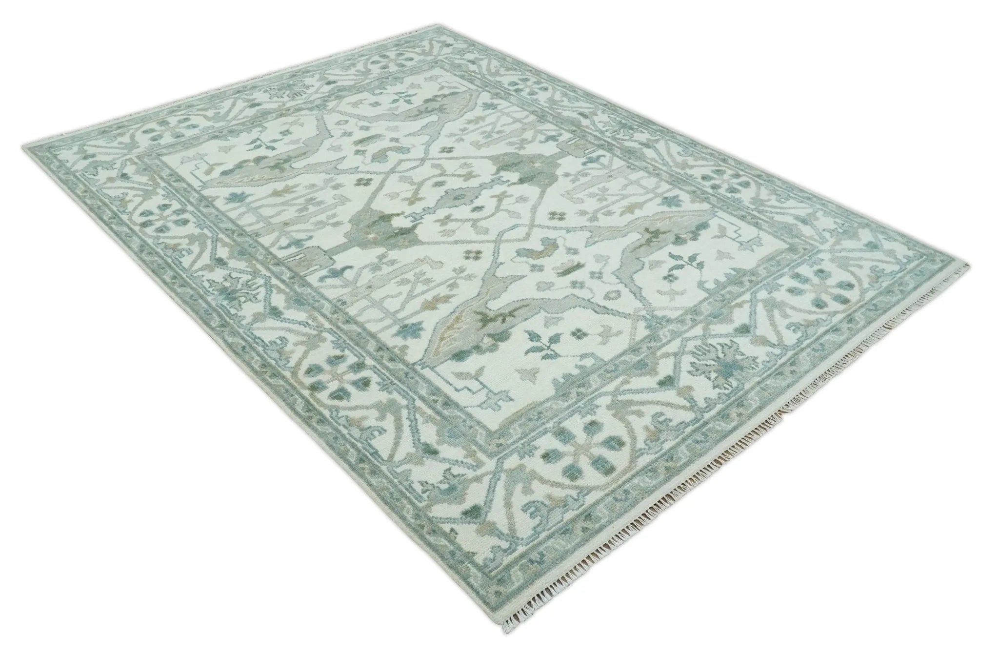 Custom Made Hand Knotted Oriental Oushak Ivory and Teal Wool Area Rug