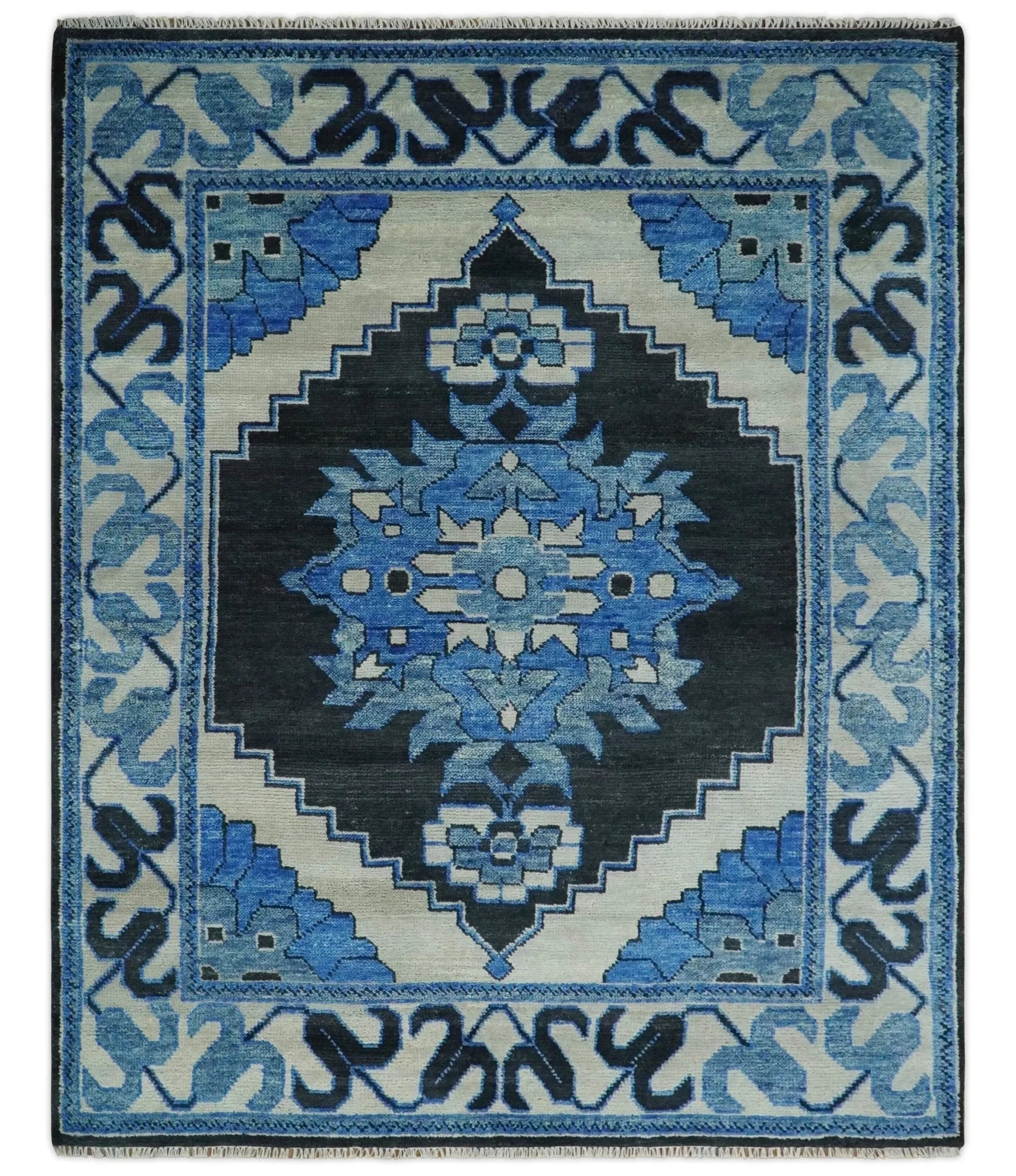 Blue, Black and Ivory Hand Knotted Antique Traditional Heriz Serapi Multi Size Wool Area Rug