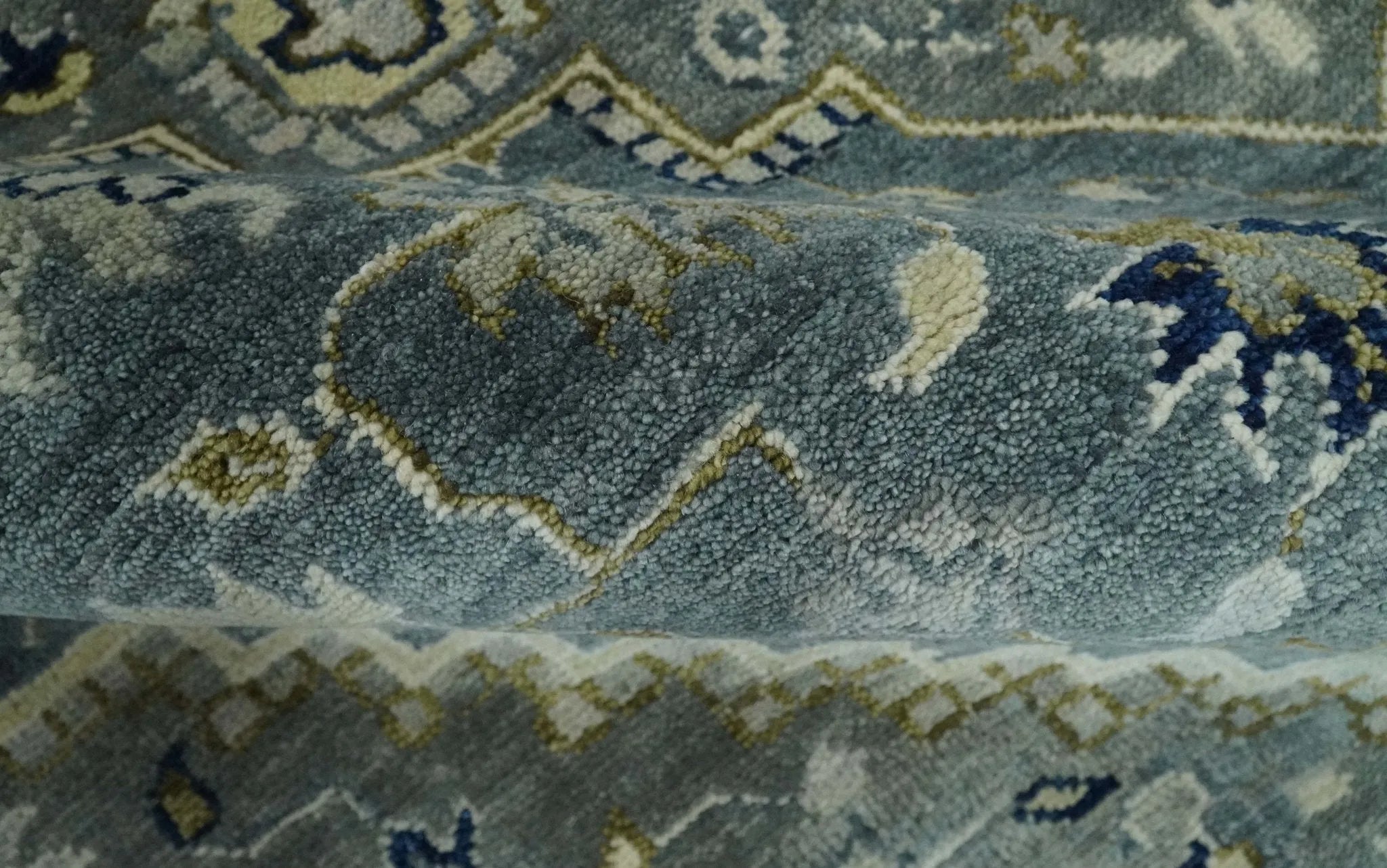 Custom Made Hand Knotted Antique Moss Gray Beige and Blue Traditional Heriz Serapi Wool Area Rug