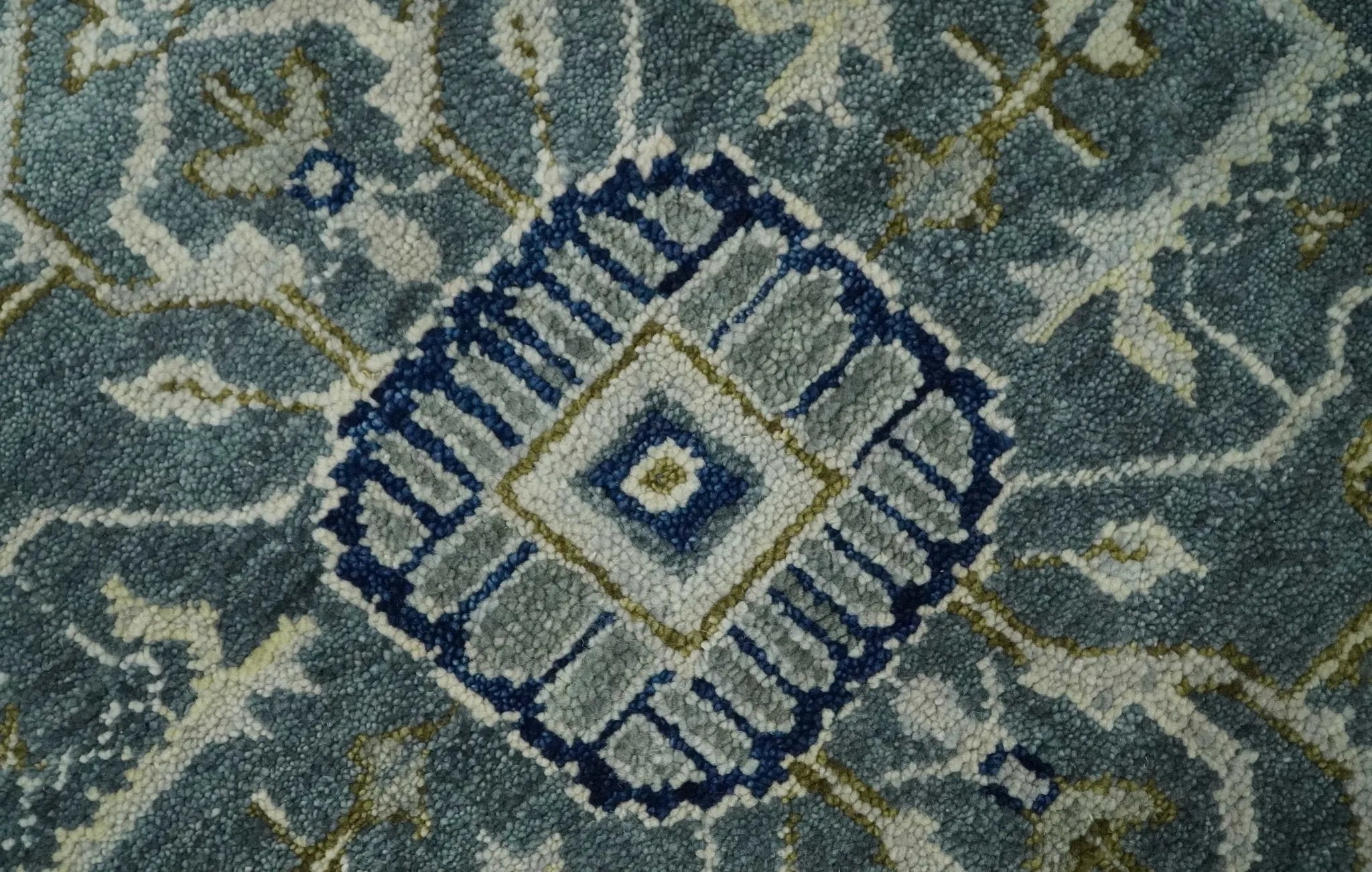 Custom Made Hand Knotted Antique Moss Gray Beige and Blue Traditional Heriz Serapi Wool Area Rug