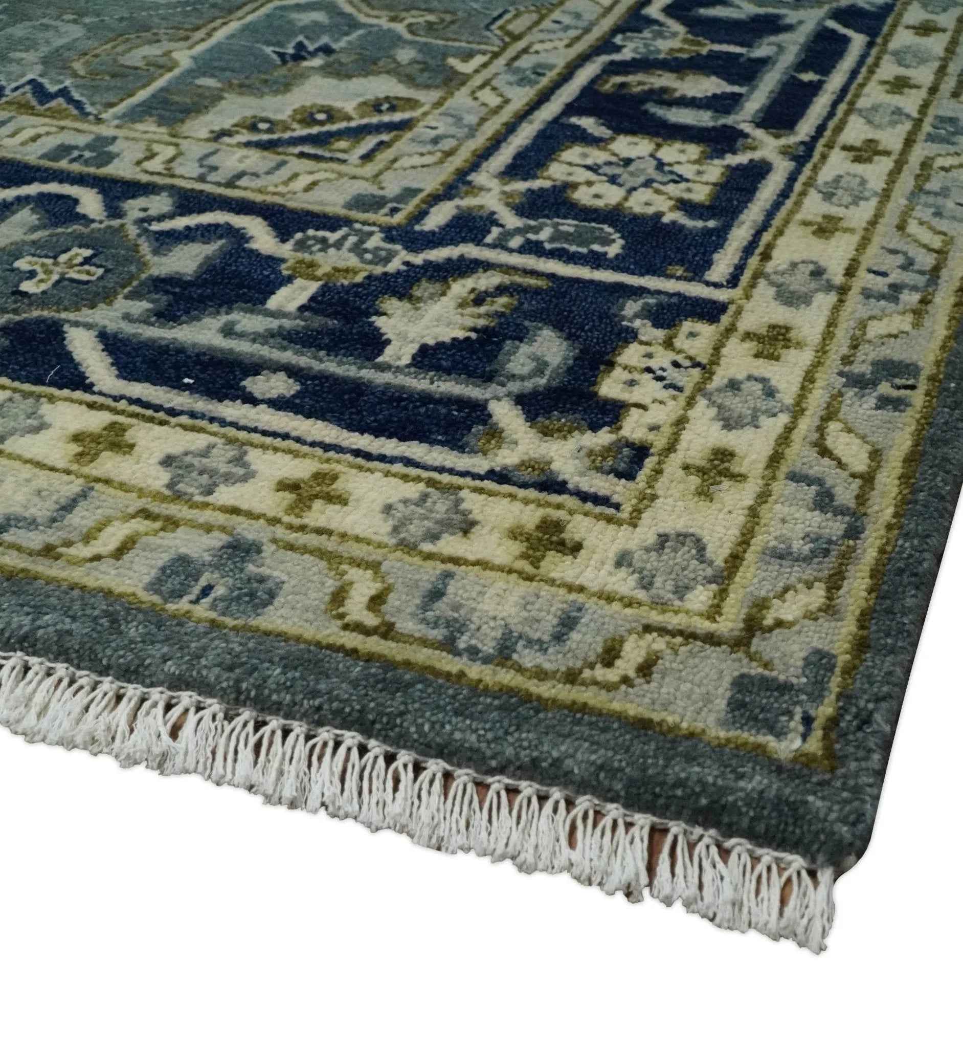 Custom Made Hand Knotted Antique Moss Gray Beige and Blue Traditional Heriz Serapi Wool Area Rug