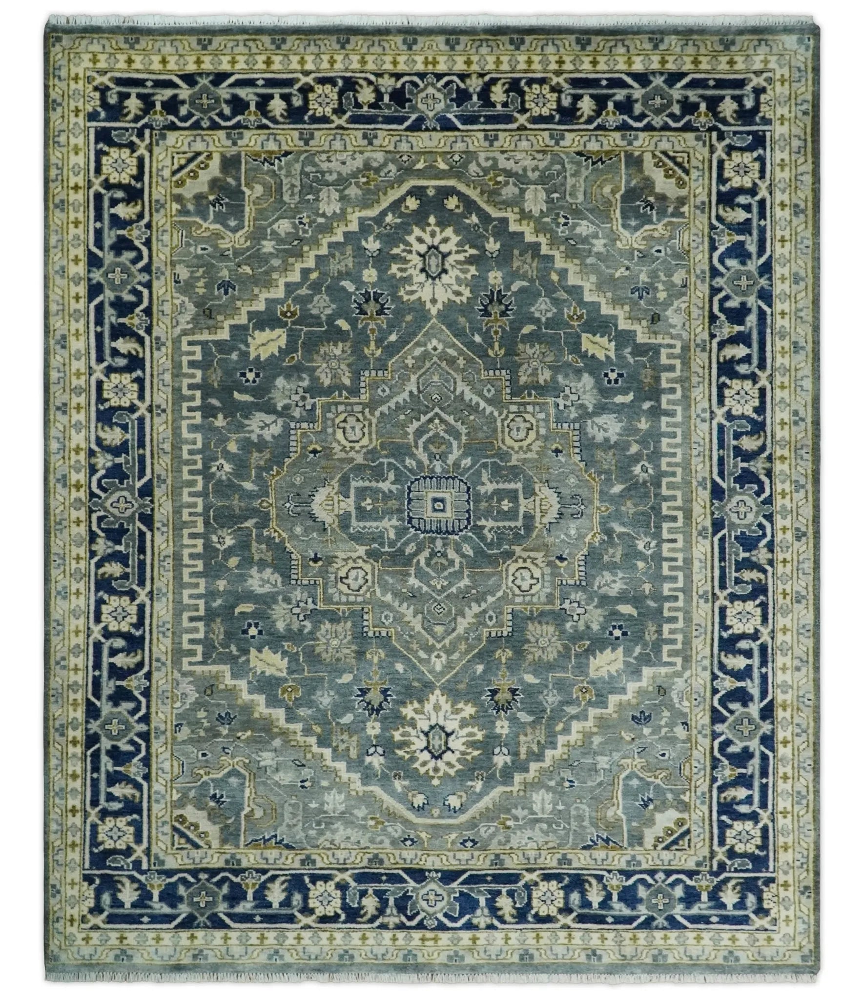 Custom Made Hand Knotted Antique Moss Gray Beige and Blue Traditional Heriz Serapi Wool Area Rug