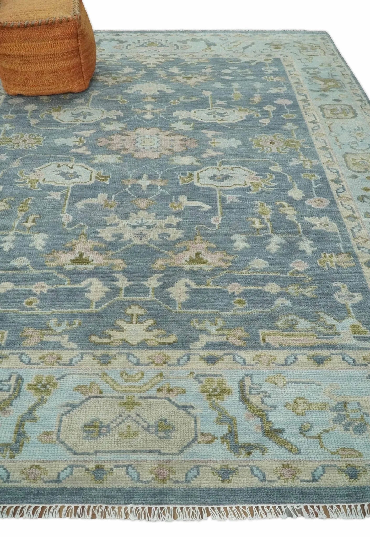 Custom Made Hand Knotted Gray, Blue and Beige Traditional Oushak Wool Area Rug