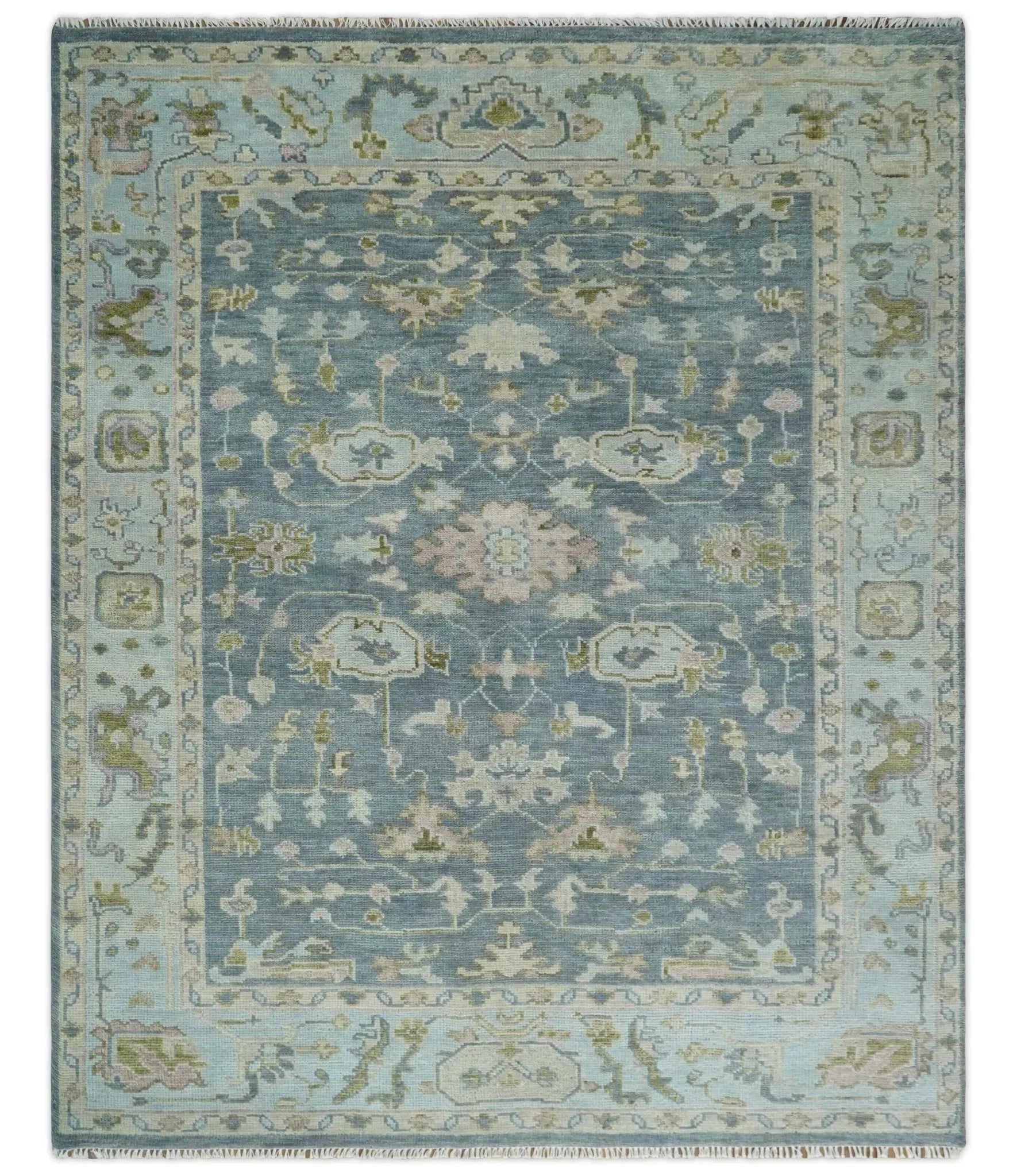 Custom Made Hand Knotted Gray, Blue and Beige Traditional Oushak Wool Area Rug