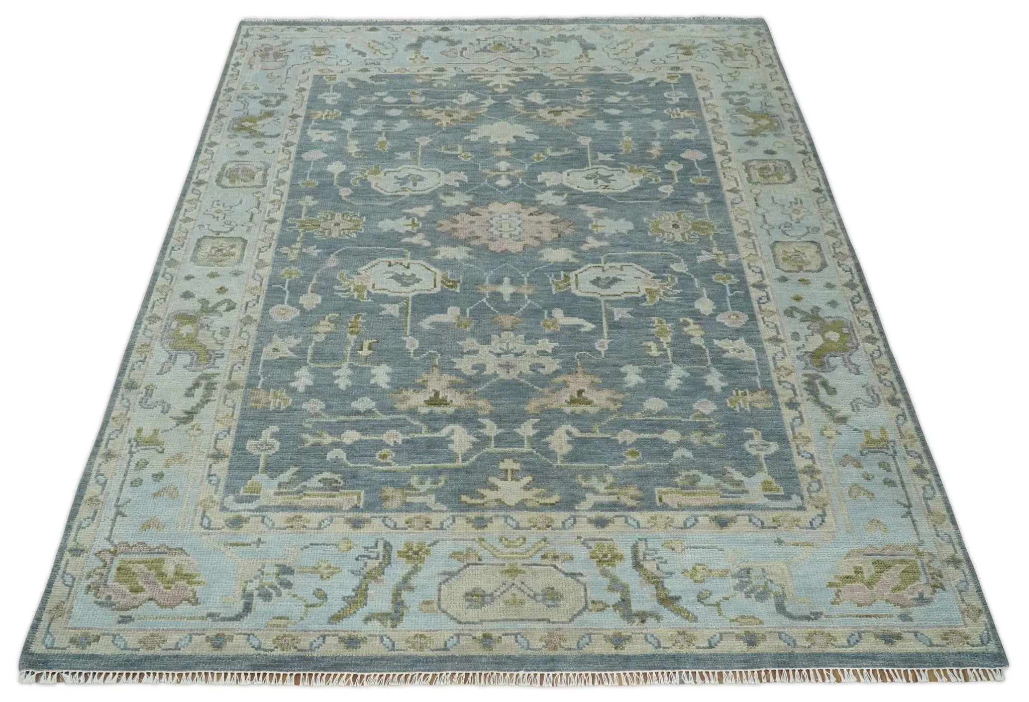 Custom Made Hand Knotted Gray, Blue and Beige Traditional Oushak Wool Area Rug