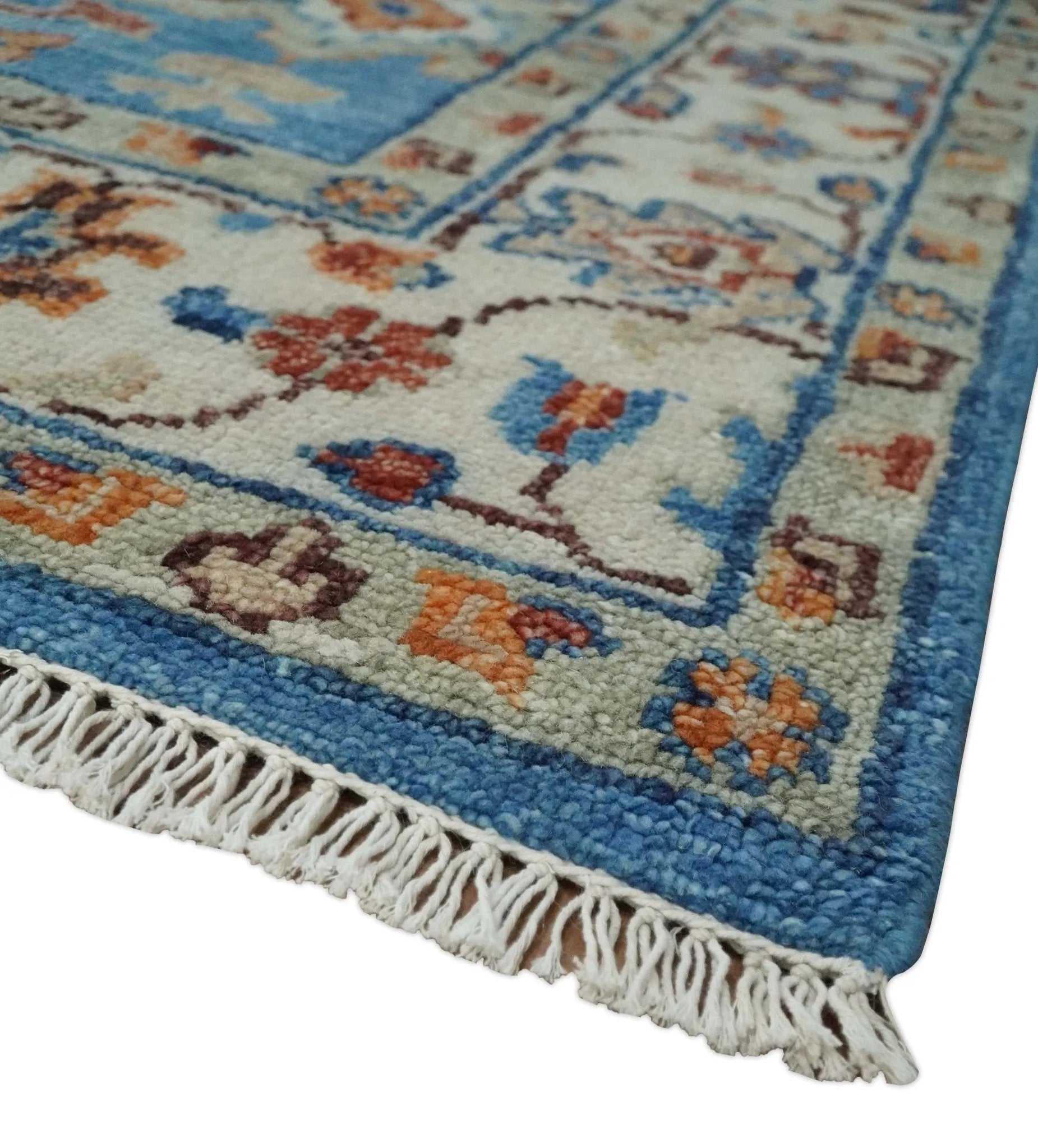 Custom Made Hand Knotted Blue and Ivory Traditional Turkish Oushak Design Wool Rug