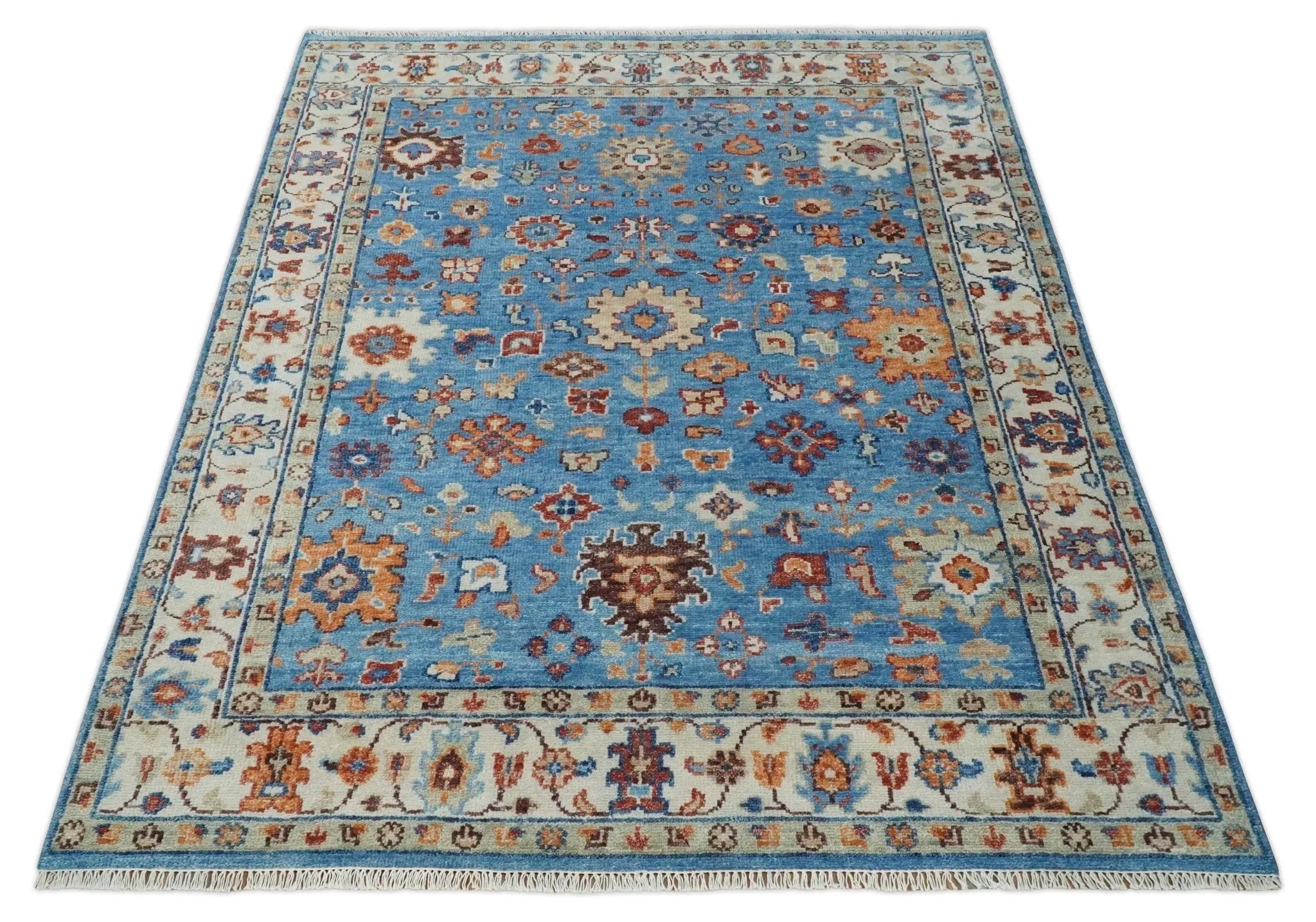 Custom Made Hand Knotted Blue and Ivory Traditional Turkish Oushak Design Wool Rug