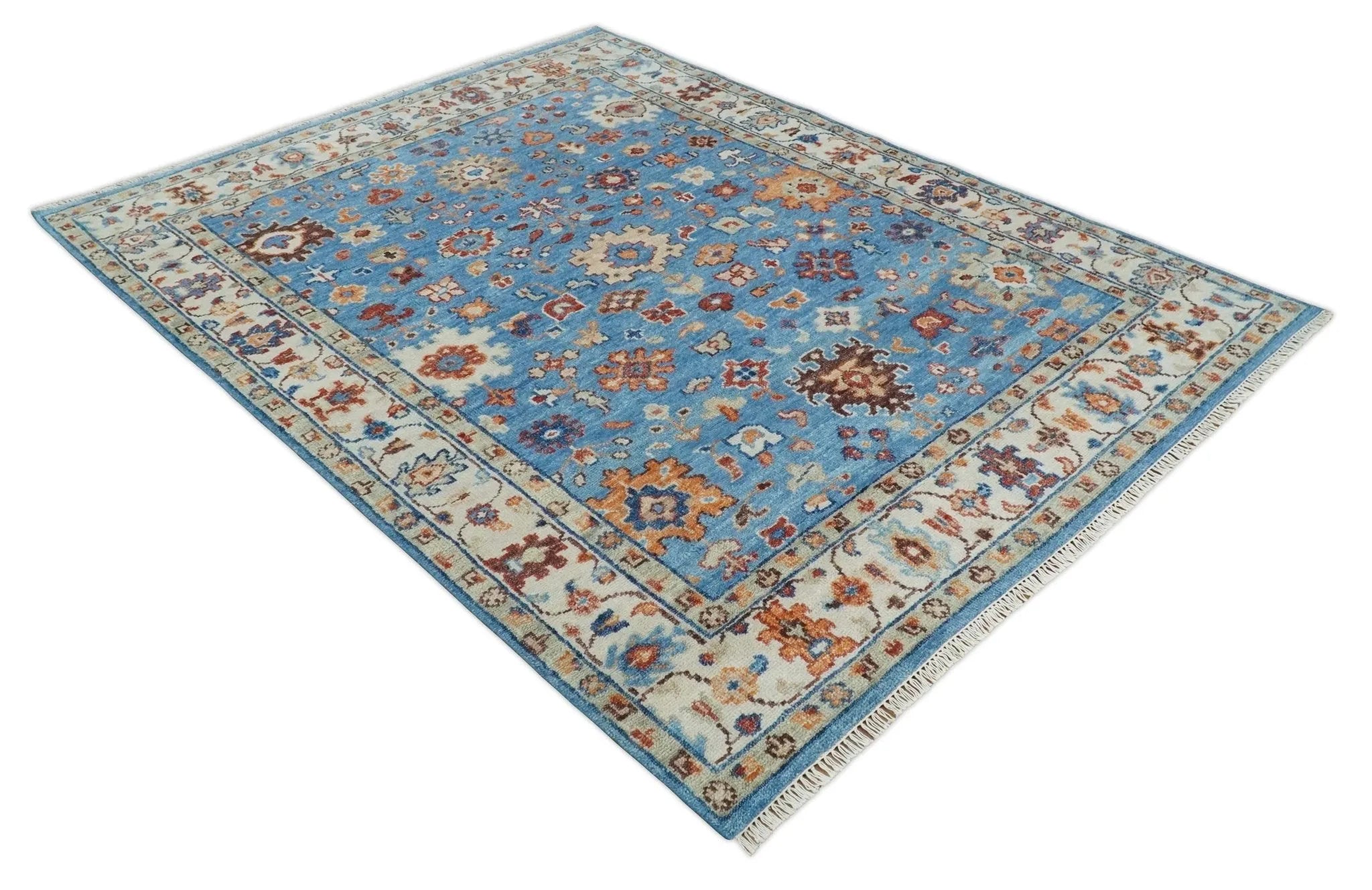 Custom Made Hand Knotted Blue and Ivory Traditional Turkish Oushak Design Wool Rug