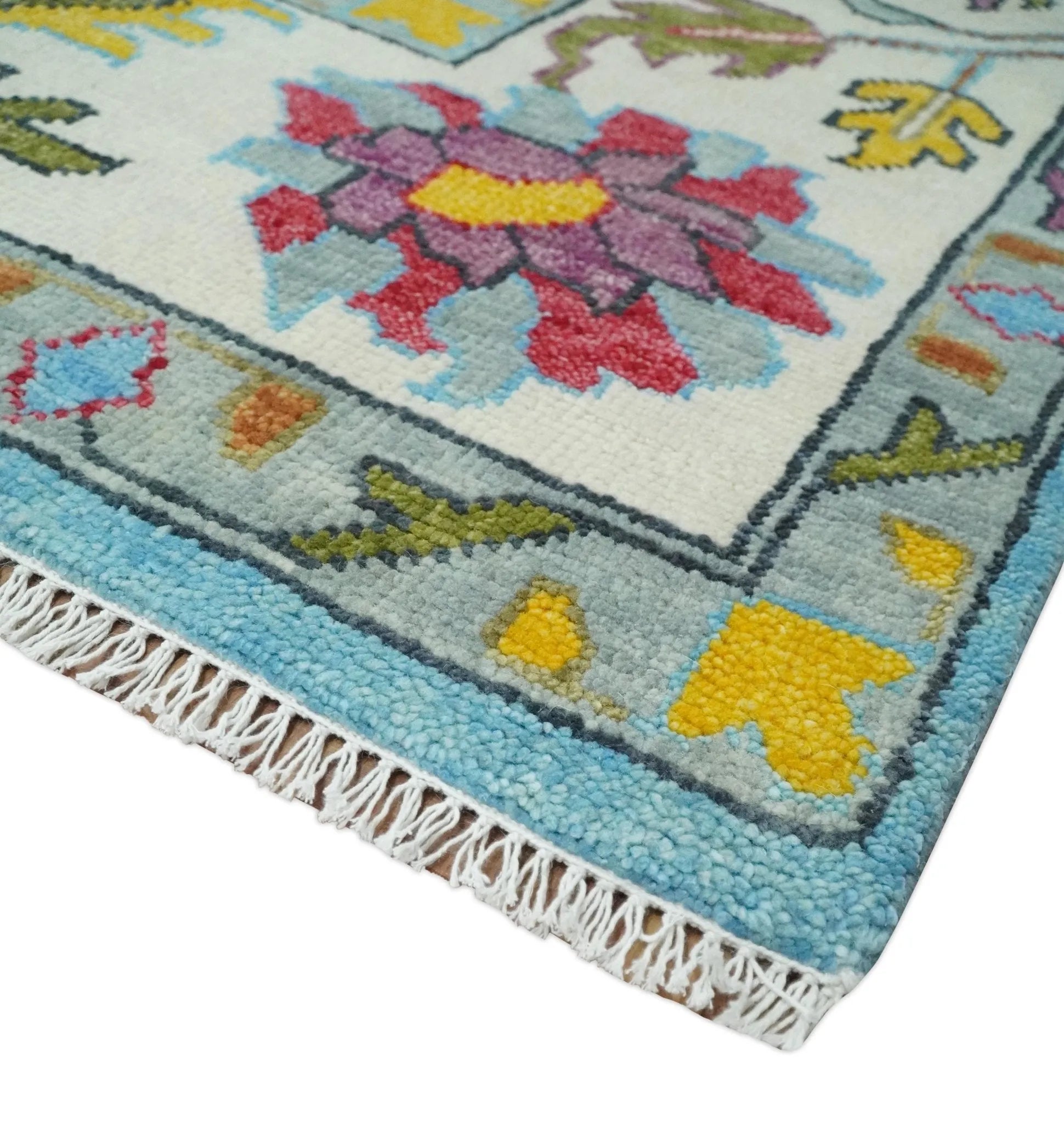 Custom Made Hand Knotted Vibrant colorful Blue and Ivory Traditional Oushak Wool Area Rug