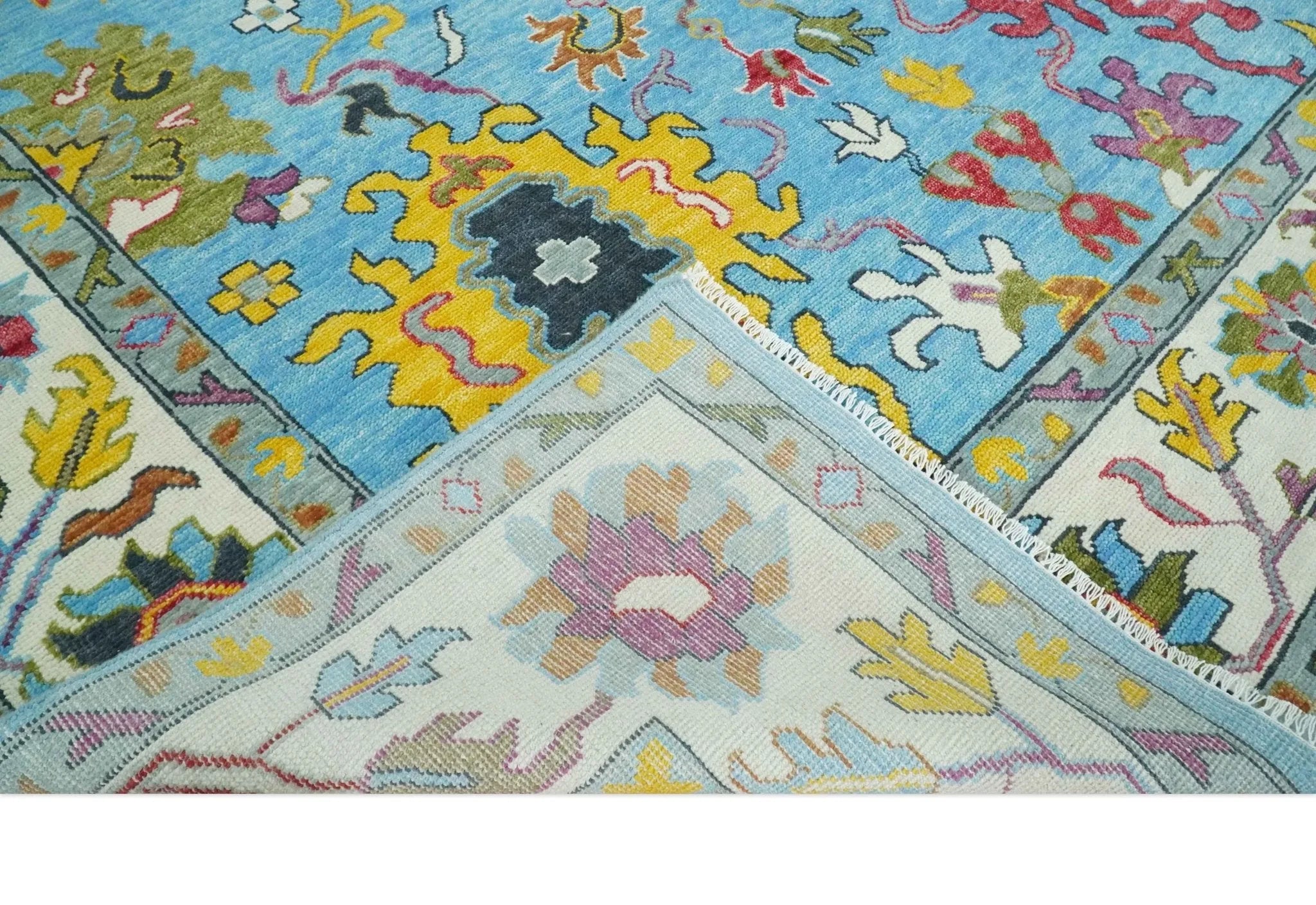 Custom Made Hand Knotted Vibrant colorful Blue and Ivory Traditional Oushak Wool Area Rug