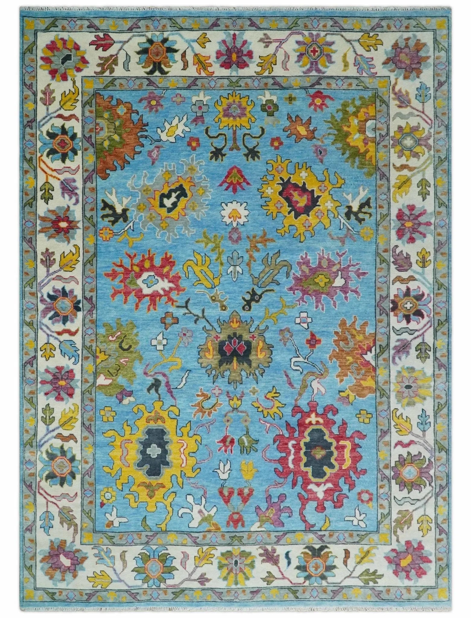 Custom Made Hand Knotted Vibrant colorful Blue and Ivory Traditional Oushak Wool Area Rug