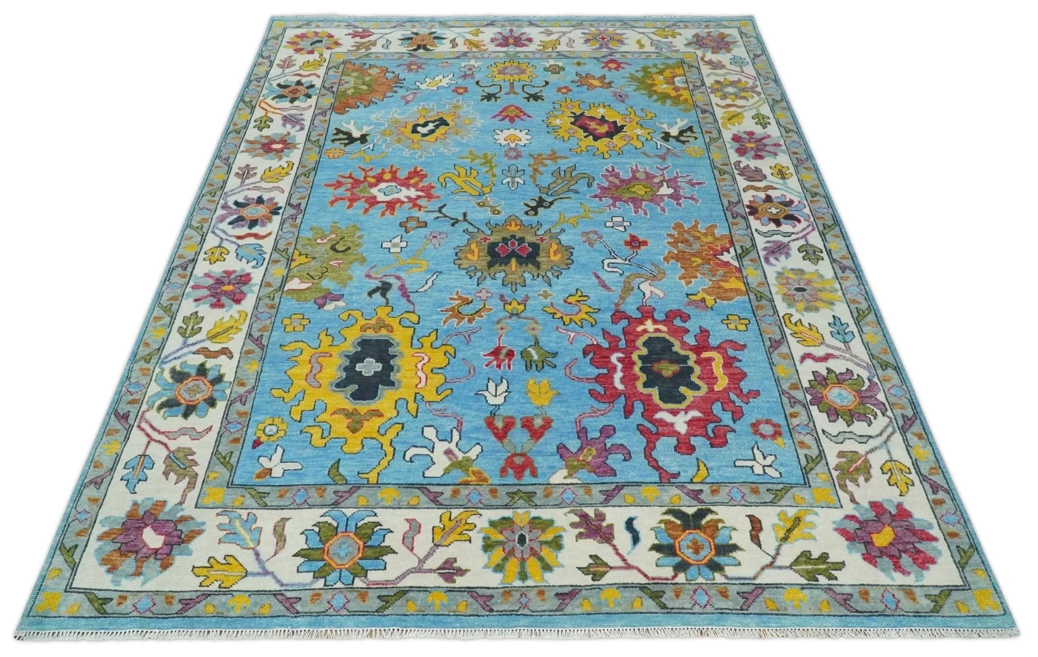 Custom Made Hand Knotted Vibrant colorful Blue and Ivory Traditional Oushak Wool Area Rug