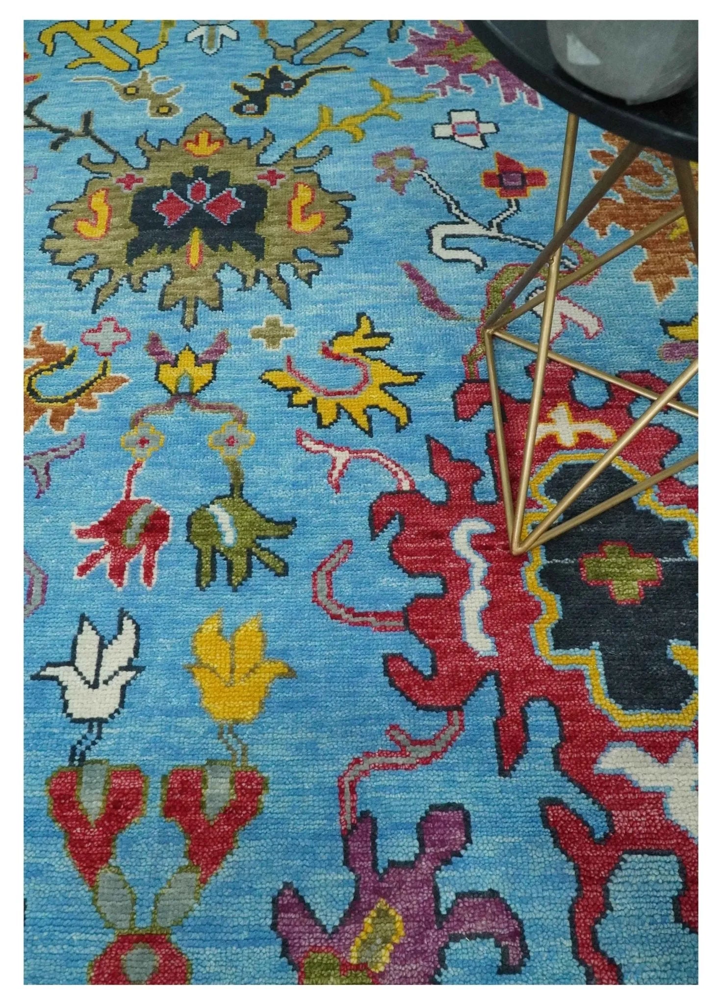 Custom Made Hand Knotted Vibrant colorful Blue and Ivory Traditional Oushak Wool Area Rug