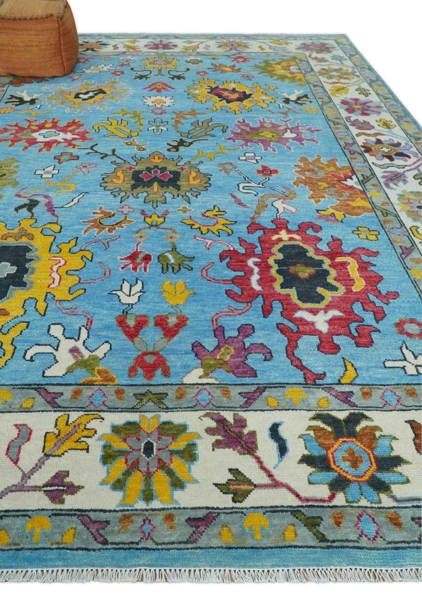 Custom Made Hand Knotted Vibrant colorful Blue and Ivory Traditional Oushak Wool Area Rug