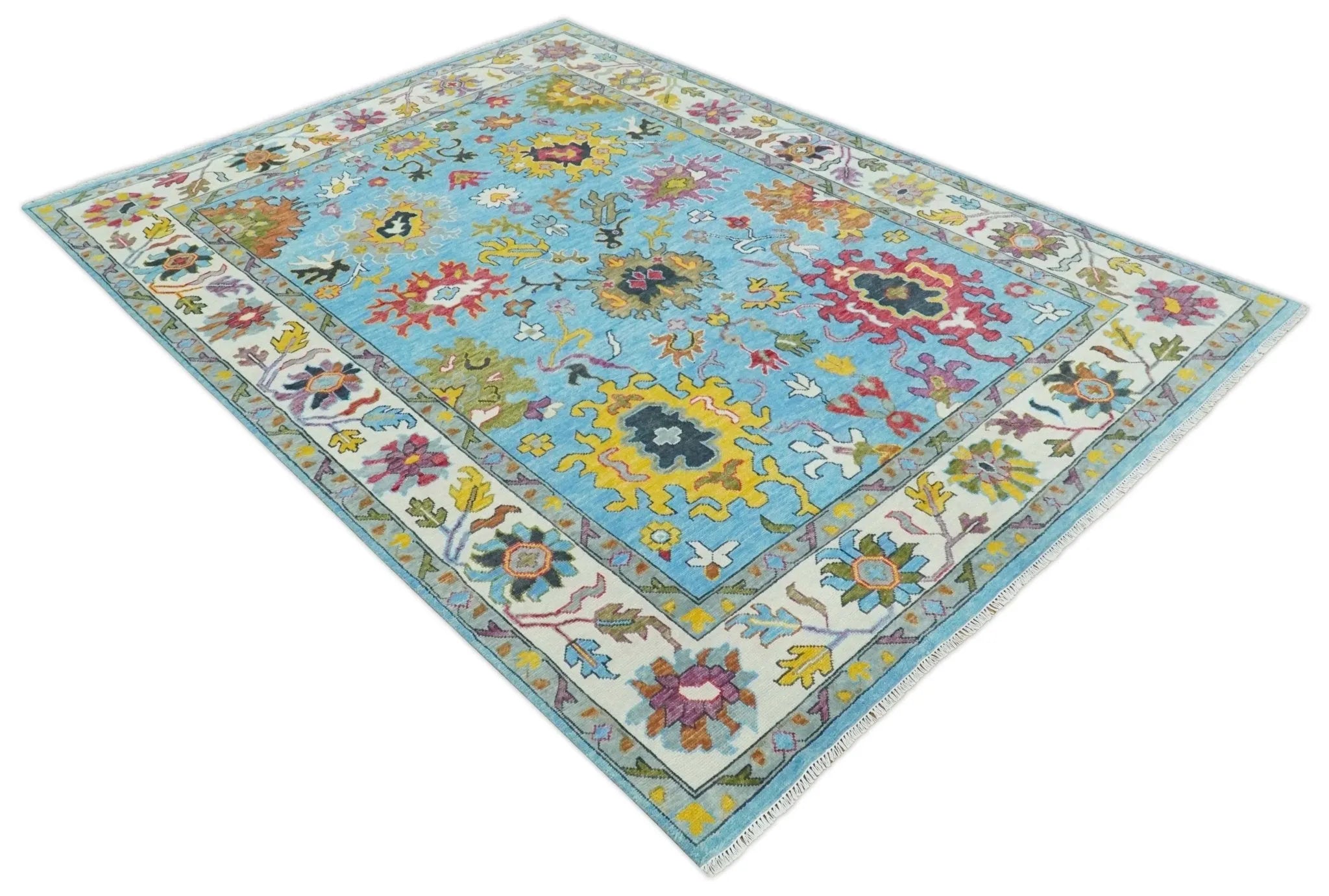 Custom Made Hand Knotted Vibrant colorful Blue and Ivory Traditional Oushak Wool Area Rug