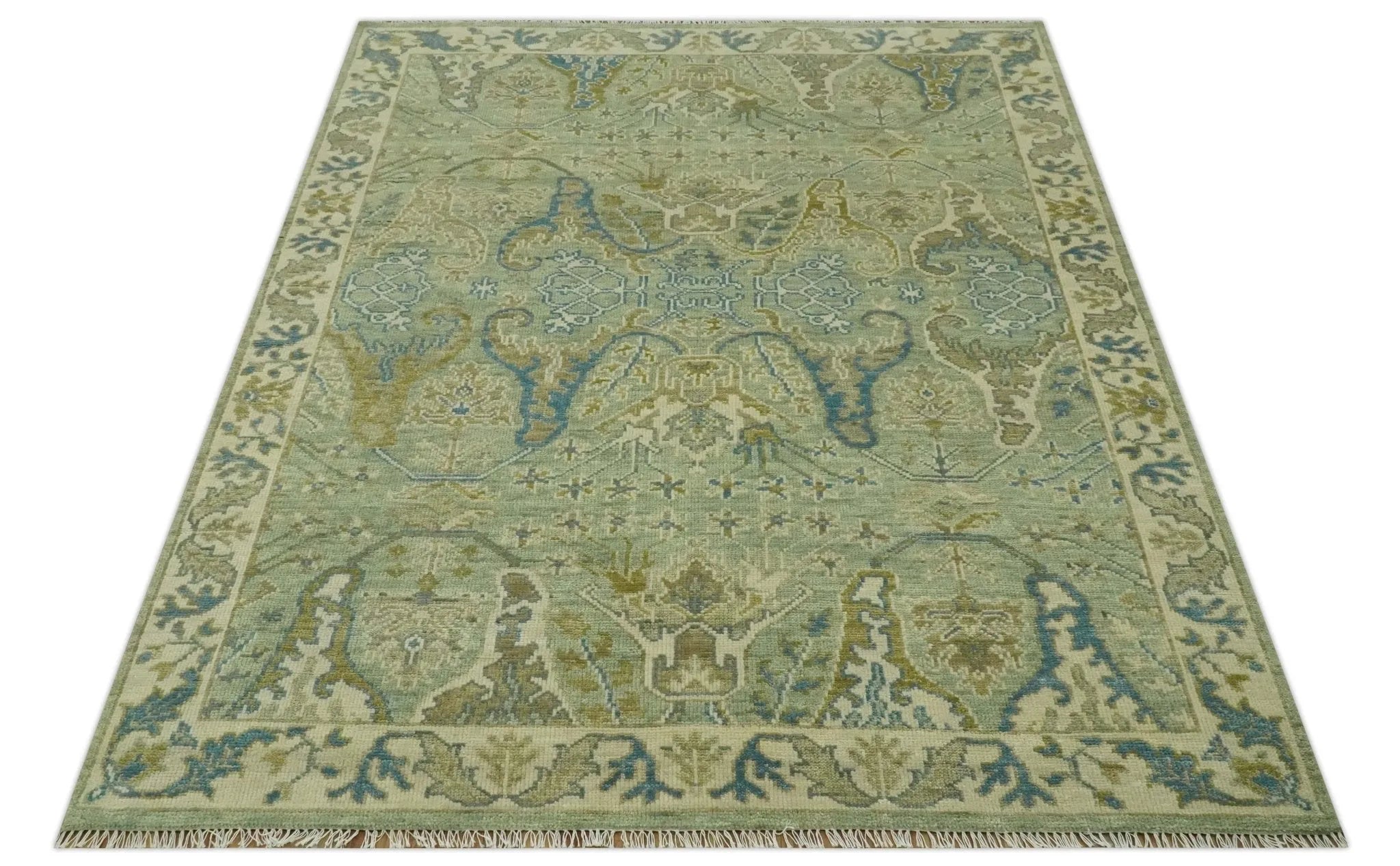 Hand Knotted Green, Olive and Teal Traditional Dragon Oushak Design Custom Made wool rug