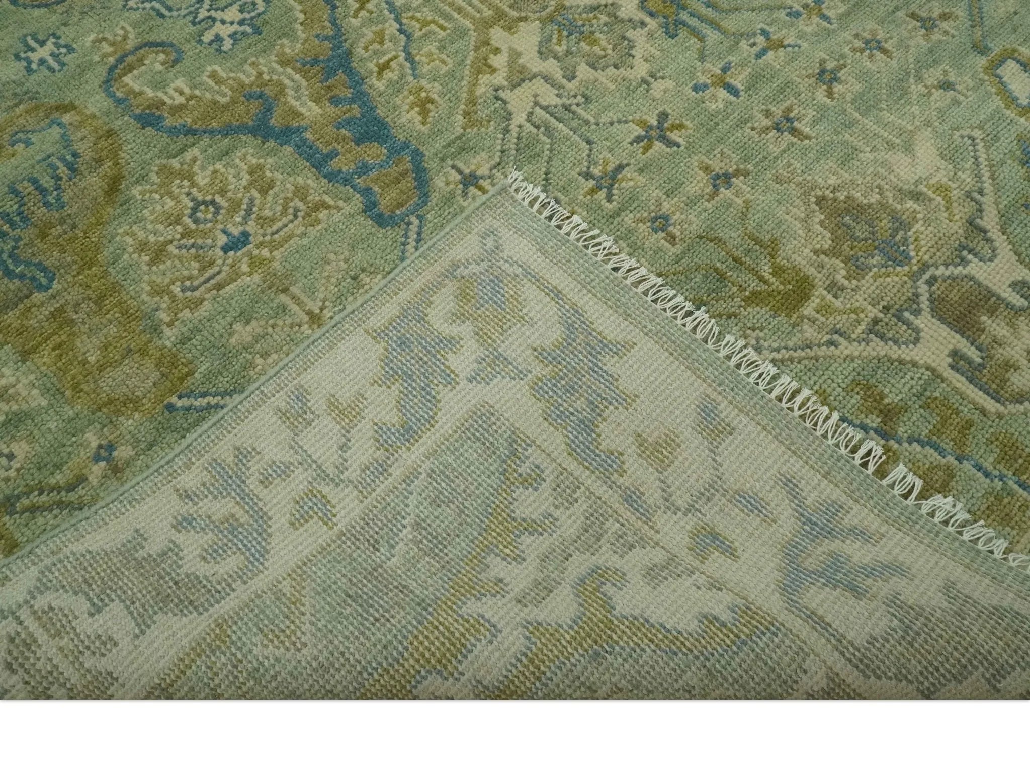 Hand Knotted Green, Olive and Teal Traditional Dragon Oushak Design Custom Made wool rug