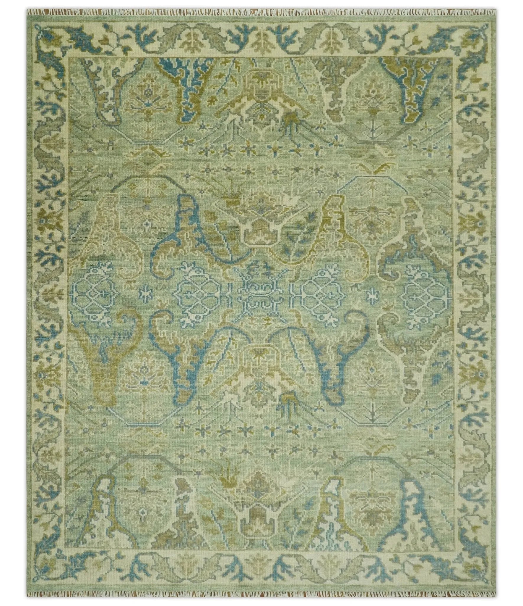 Hand Knotted Green, Olive and Teal Traditional Dragon Oushak Design Custom Made wool rug