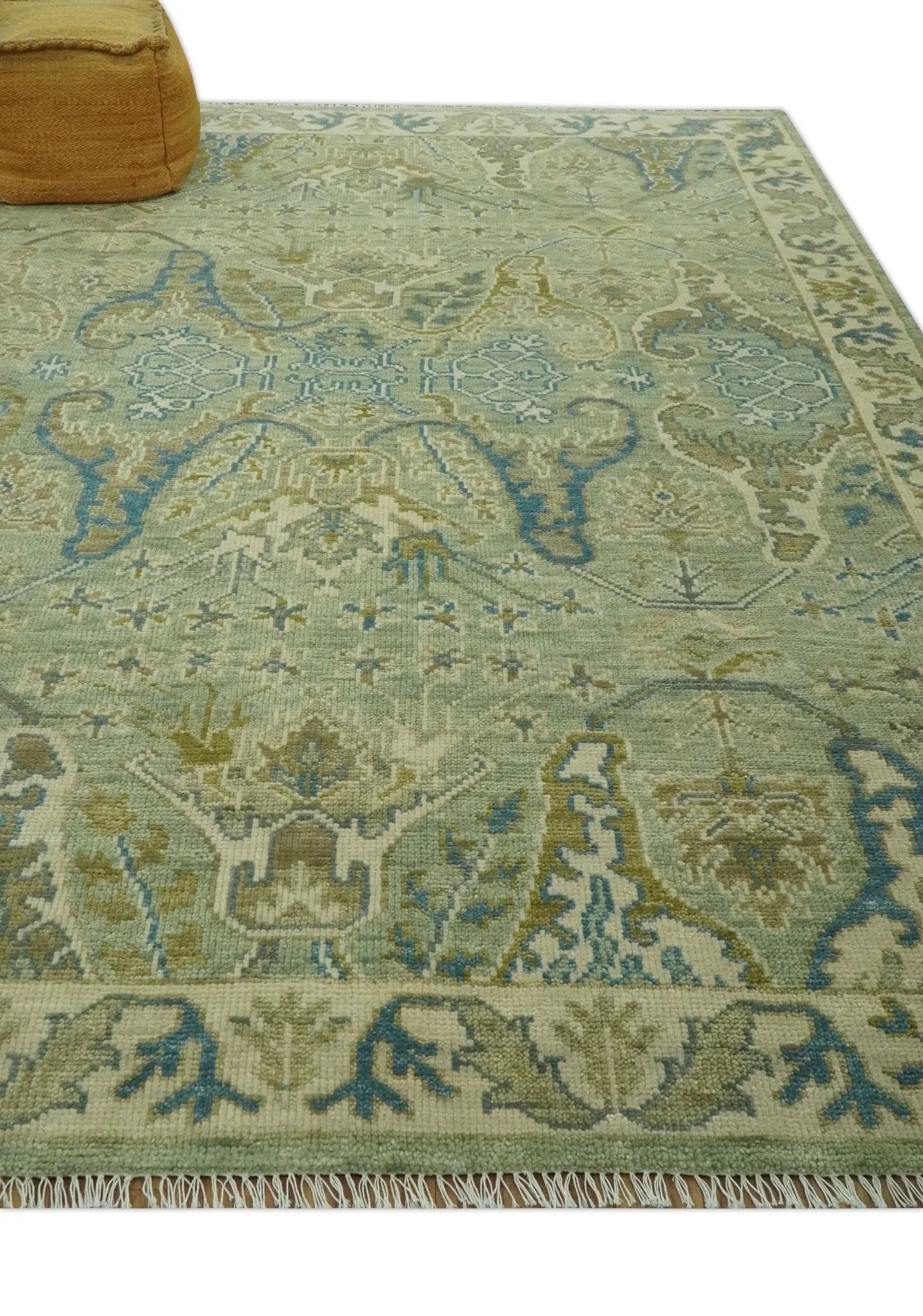 Hand Knotted Green, Olive and Teal Traditional Dragon Oushak Design Custom Made wool rug