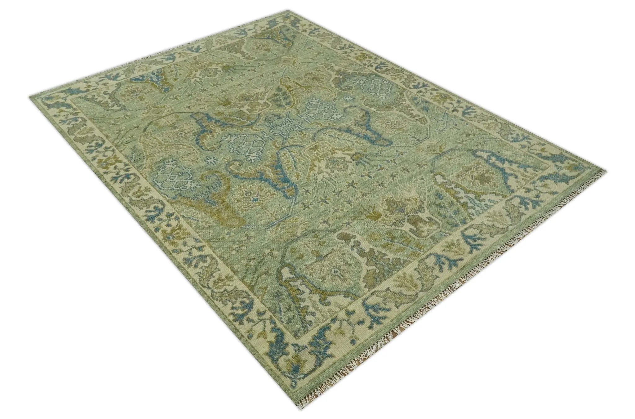 Hand Knotted Green, Olive and Teal Traditional Dragon Oushak Design Custom Made wool rug