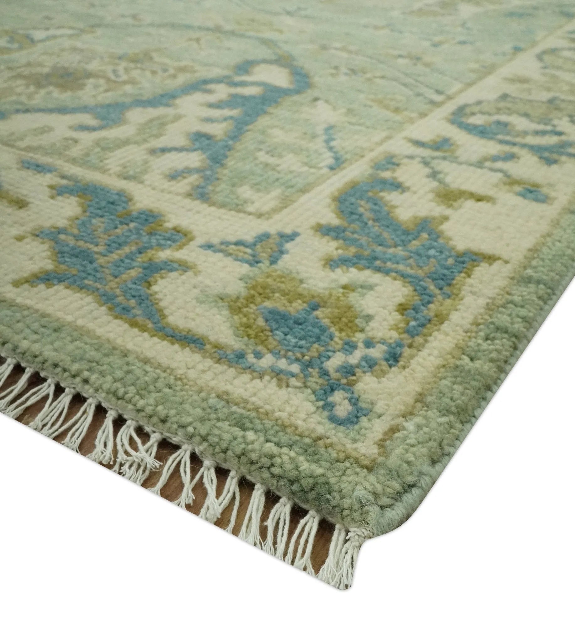 Hand Knotted Green, Olive and Teal Traditional Dragon Oushak Design Custom Made wool rug