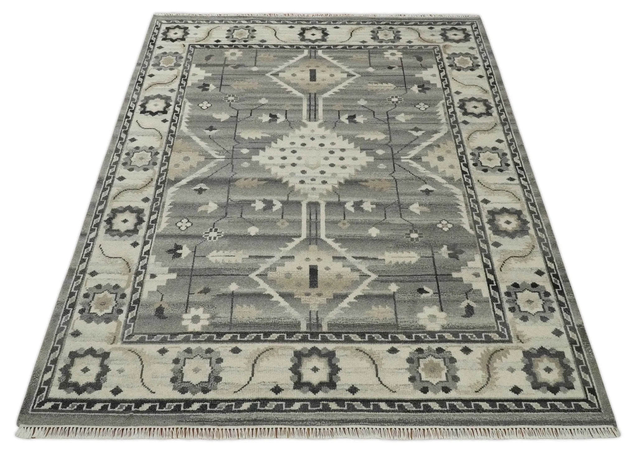 Hand Knotted Ivory and Gray Traditional Tribal Natural Wool Custom Made wool Area Rug, Kids, Living Room and Bedroom Rug