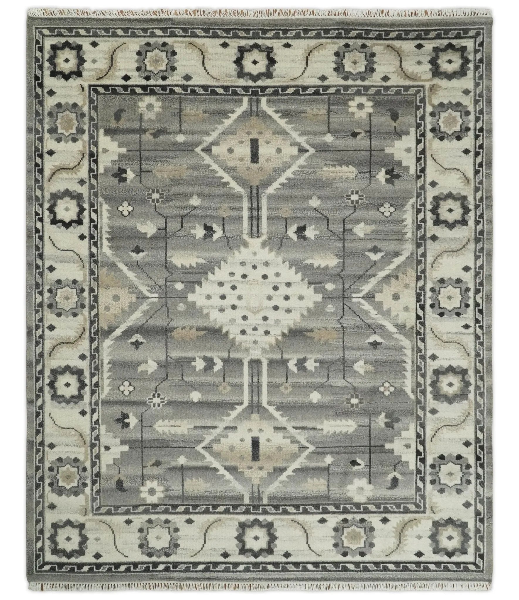 Hand Knotted Ivory and Gray Traditional Tribal Natural Wool Custom Made wool Area Rug, Kids, Living Room and Bedroom Rug