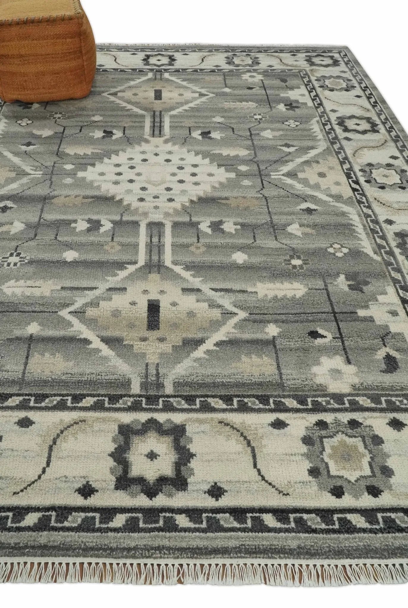 Hand Knotted Ivory and Gray Traditional Tribal Natural Wool Custom Made wool Area Rug, Kids, Living Room and Bedroom Rug