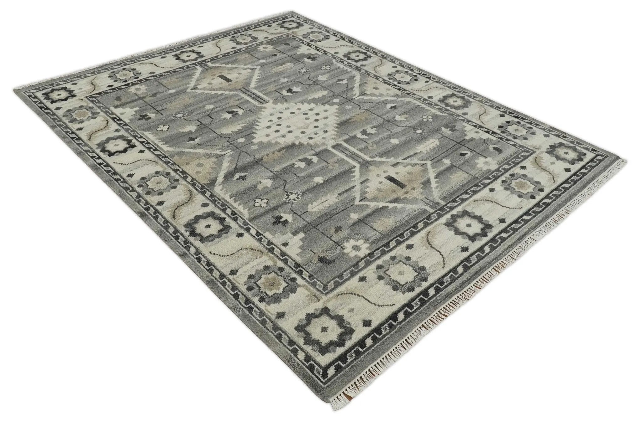 Hand Knotted Ivory and Gray Traditional Tribal Natural Wool Custom Made wool Area Rug, Kids, Living Room and Bedroom Rug