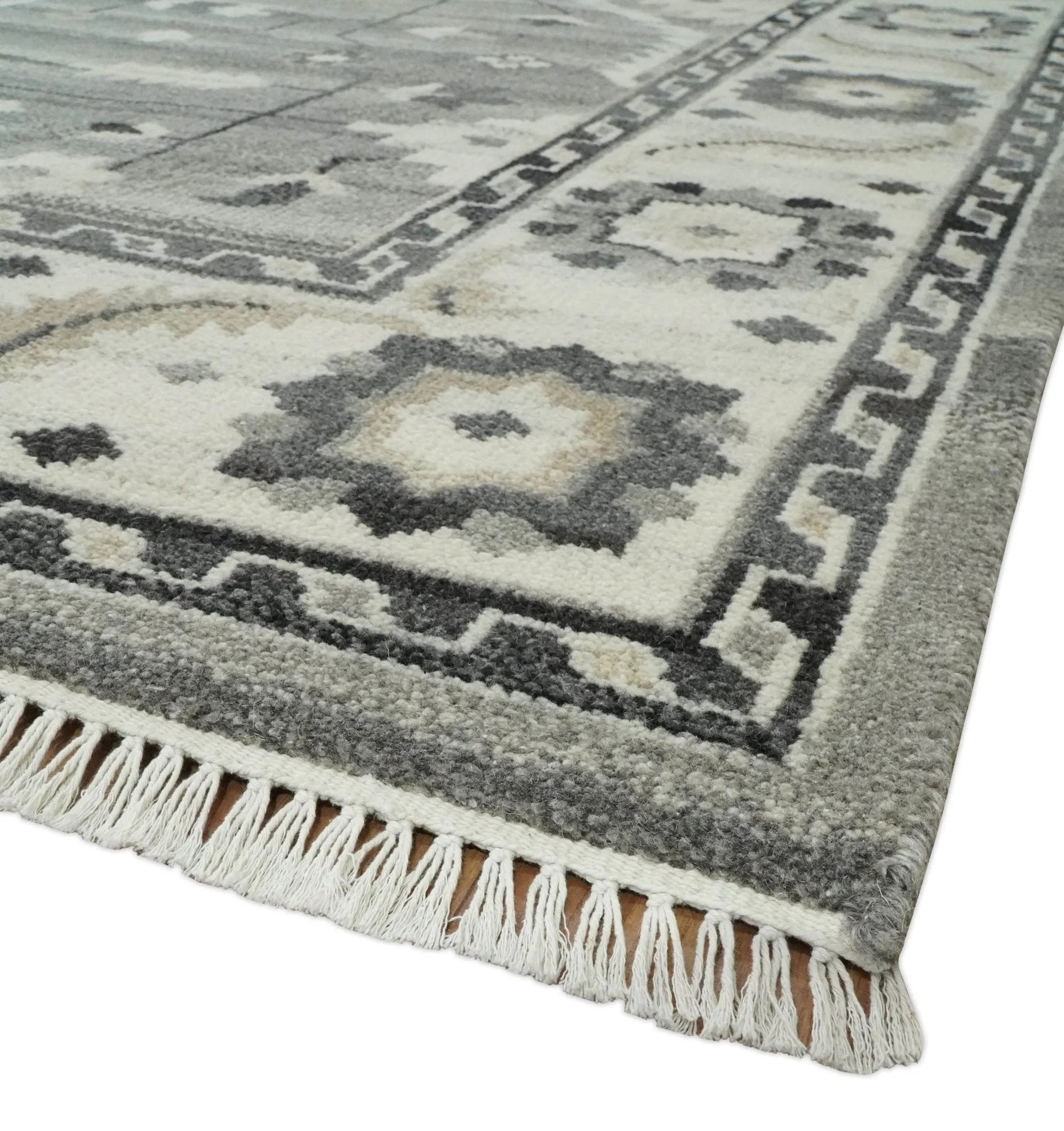 Hand Knotted Ivory and Gray Traditional Tribal Natural Wool Custom Made wool Area Rug, Kids, Living Room and Bedroom Rug