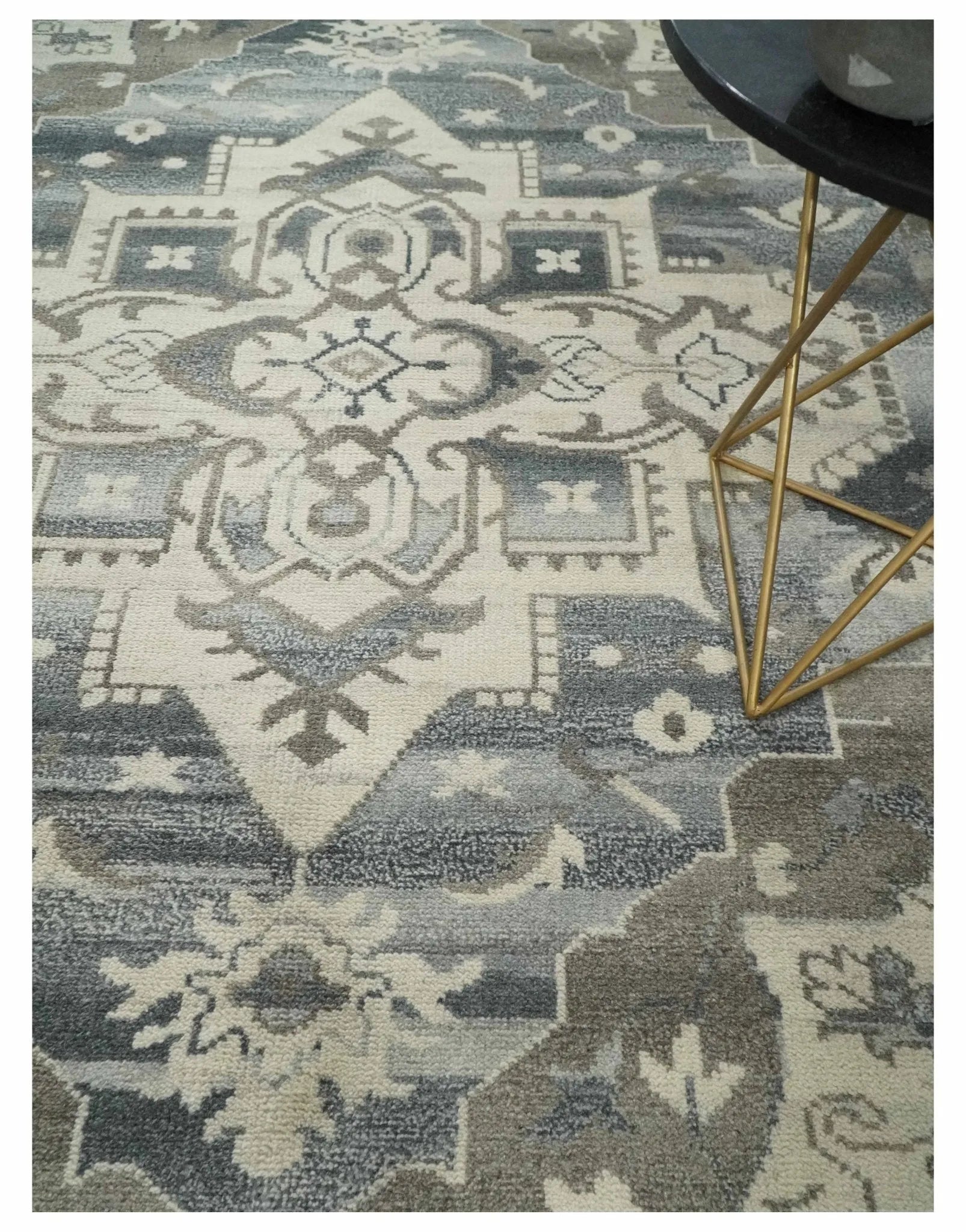 Custom Made Hand Knotted Ivory, Charcoal and Gray Traditional Medallion Natural Wool Area Rug, Kids, Living Room and Bedroom Rug