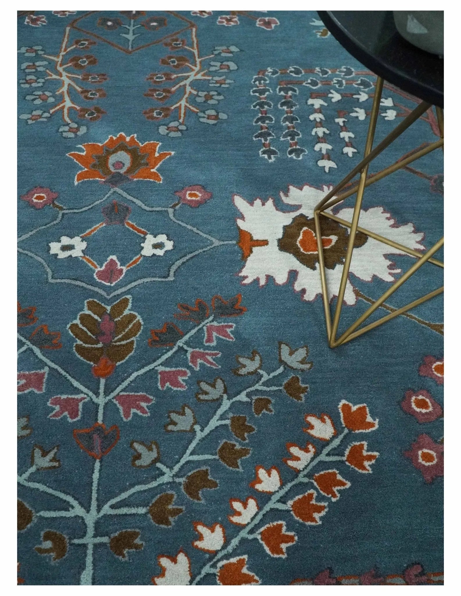 Tree of life Hand Tufted Teal Blue, Brown and Red Traditional Floral Custom Made Wool Area Rug, Kids, Living Room and Bedroom Rug