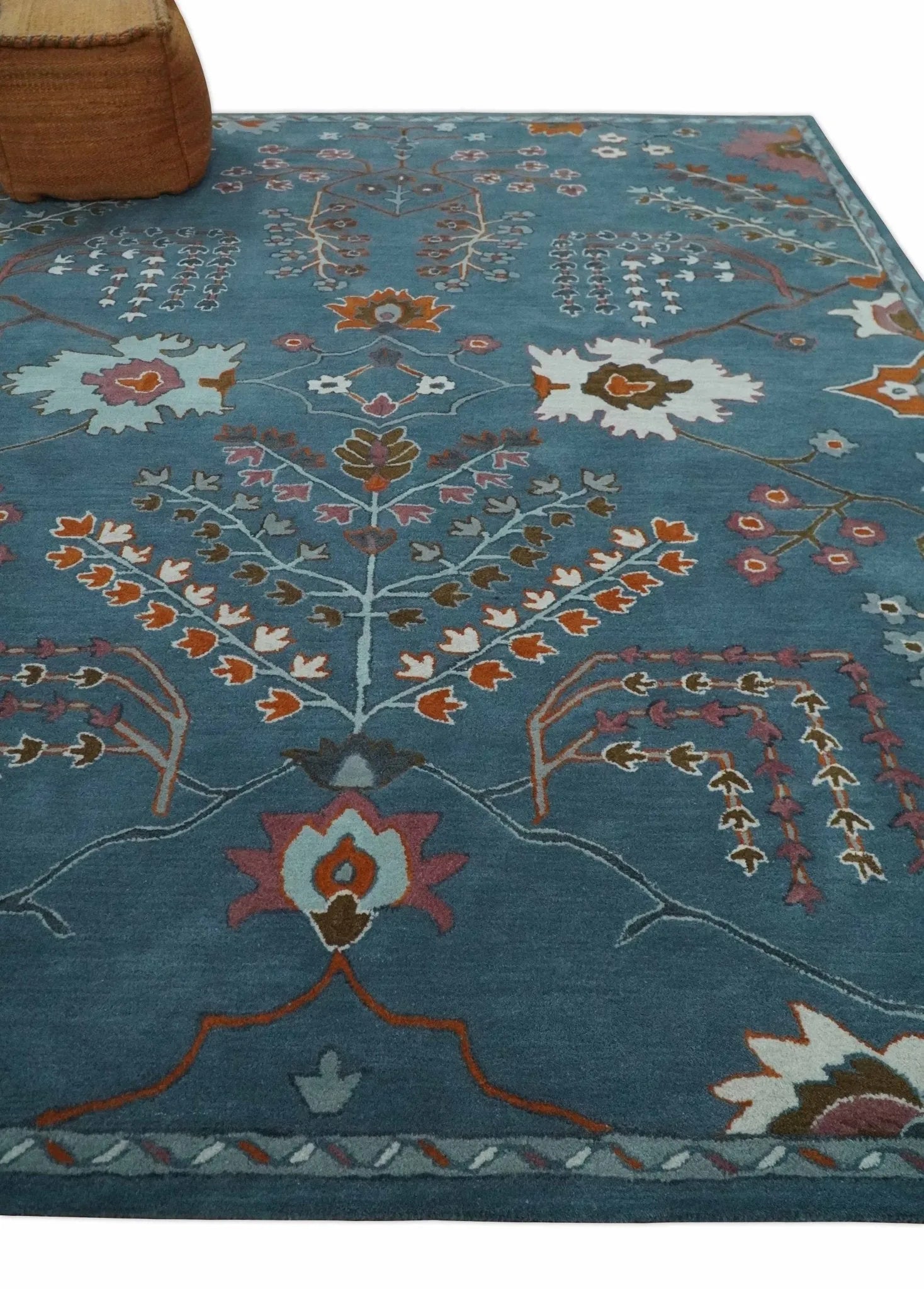 Tree of life Hand Tufted Teal Blue, Brown and Red Traditional Floral Custom Made Wool Area Rug, Kids, Living Room and Bedroom Rug