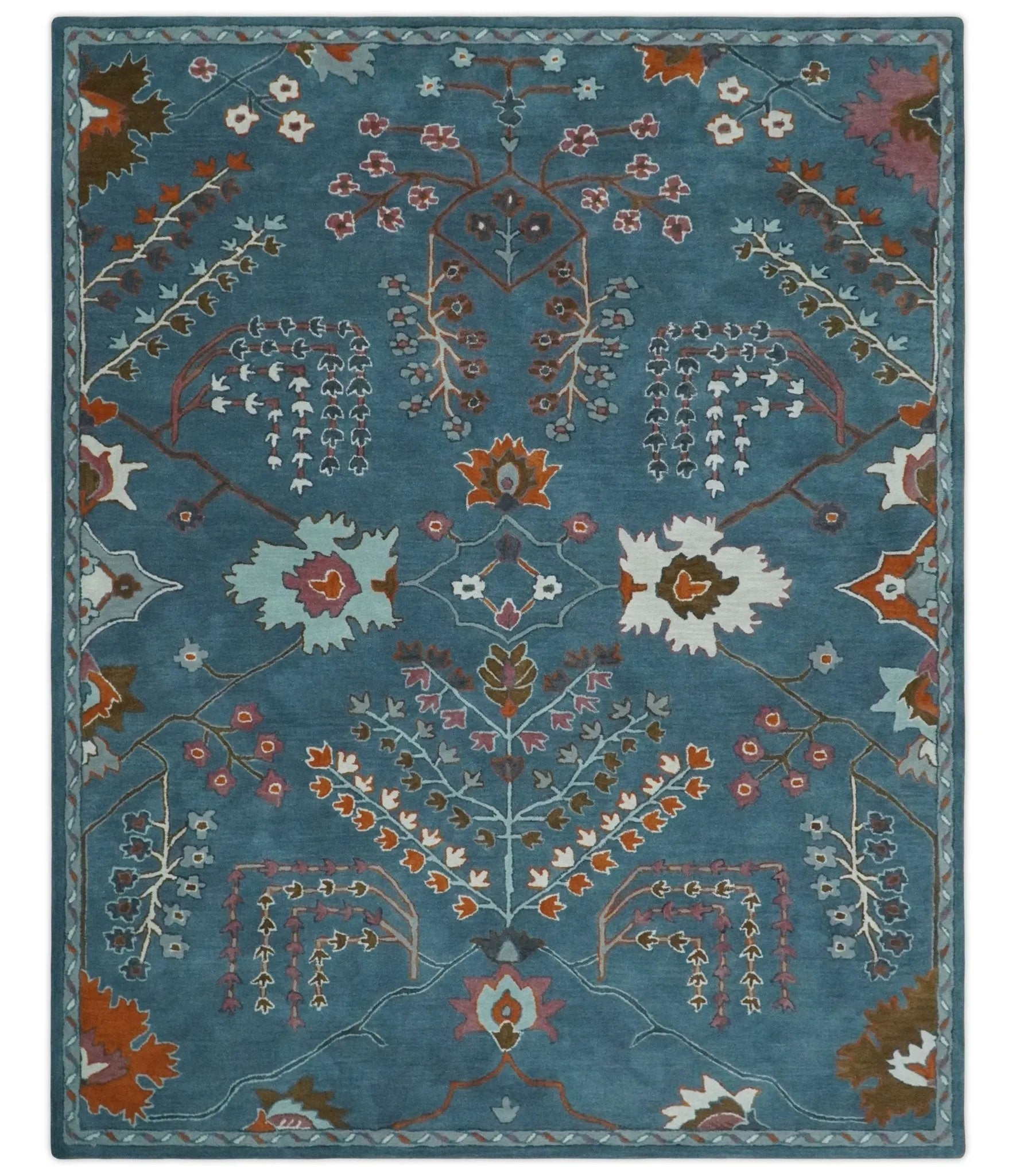 Tree of life Hand Tufted Teal Blue, Brown and Red Traditional Floral Custom Made Wool Area Rug, Kids, Living Room and Bedroom Rug