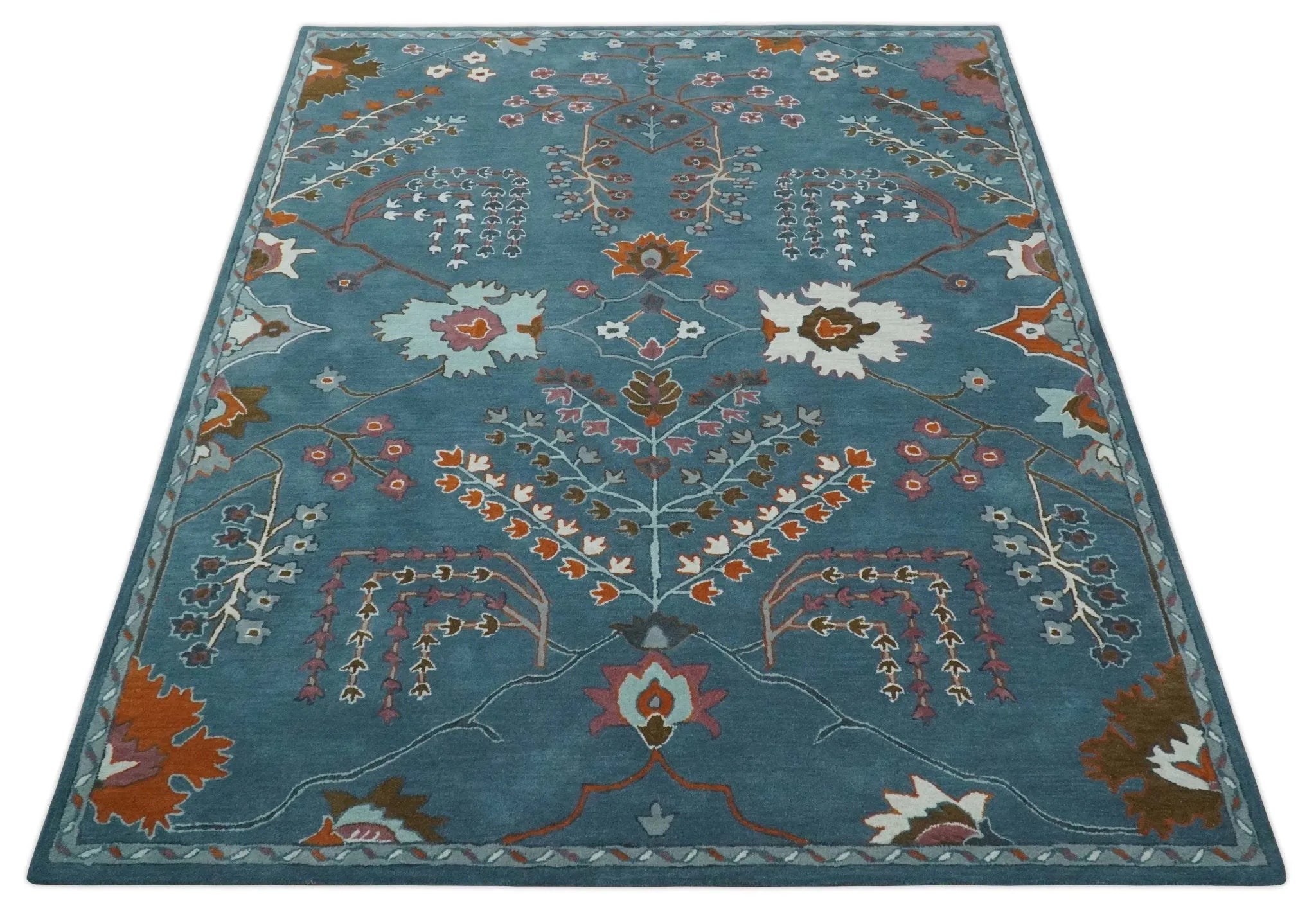 Tree of life Hand Tufted Teal Blue, Brown and Red Traditional Floral Custom Made Wool Area Rug, Kids, Living Room and Bedroom Rug