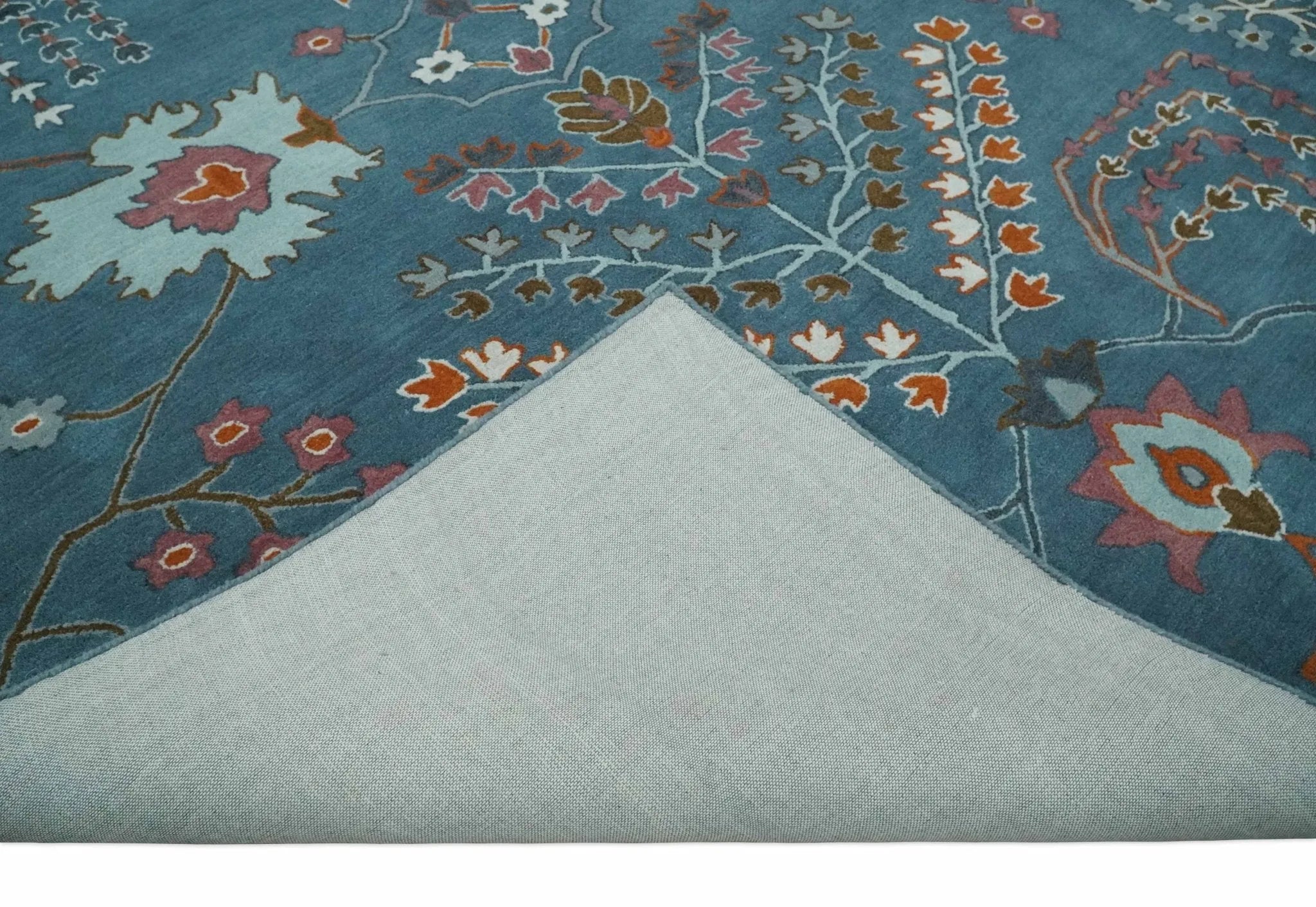 Tree of life Hand Tufted Teal Blue, Brown and Red Traditional Floral Custom Made Wool Area Rug, Kids, Living Room and Bedroom Rug