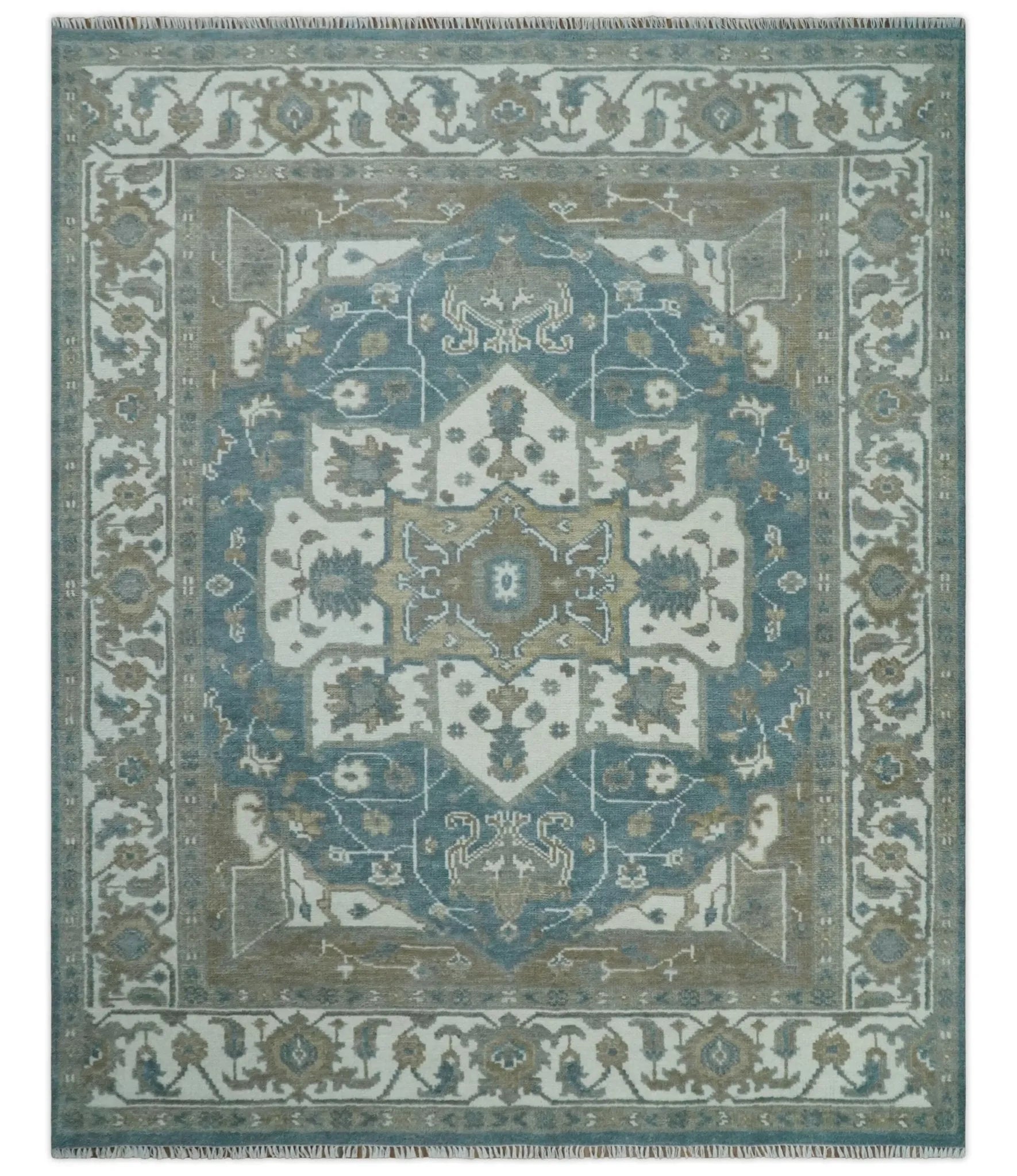 Teal, Ivory and Olive Hand Knotted Traditional Heriz Multi Size Wool Area Rug