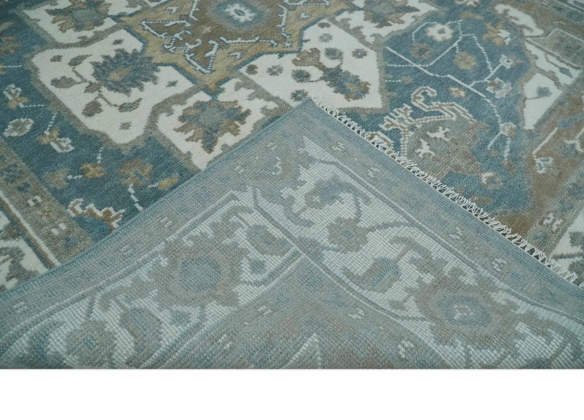 Teal, Ivory and Olive Hand Knotted Traditional Heriz Multi Size Wool Area Rug