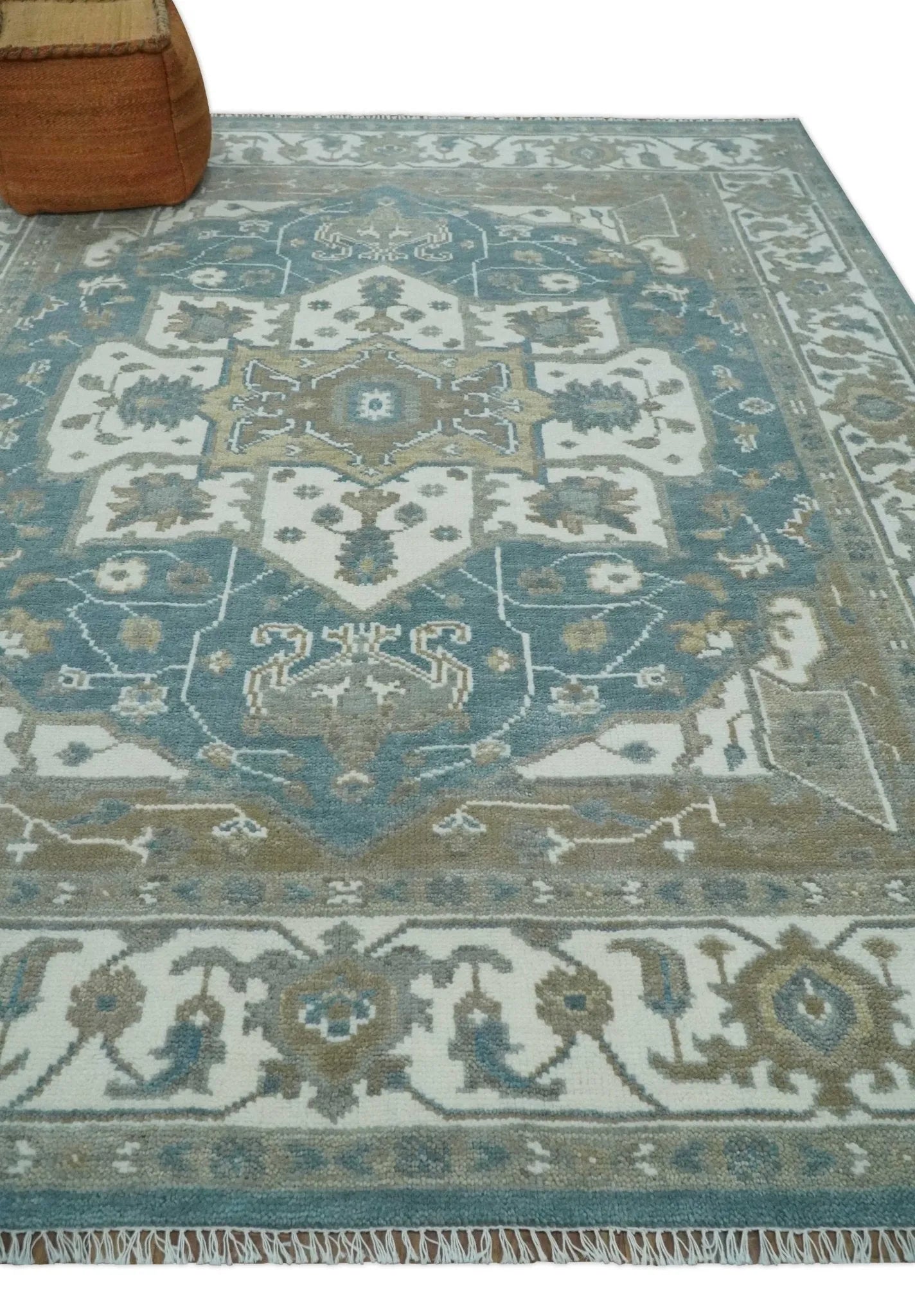 Teal, Ivory and Olive Hand Knotted Traditional Heriz Multi Size Wool Area Rug