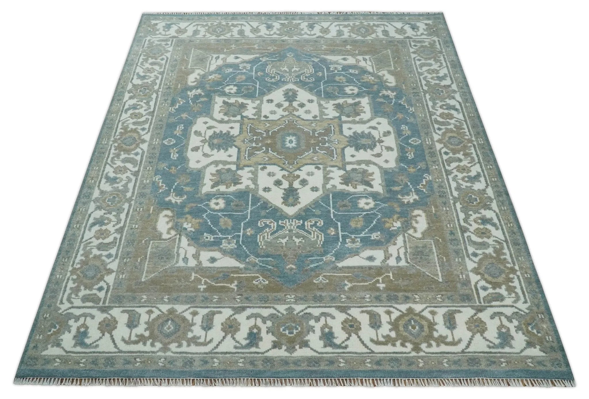 Teal, Ivory and Olive Hand Knotted Traditional Heriz Multi Size Wool Area Rug