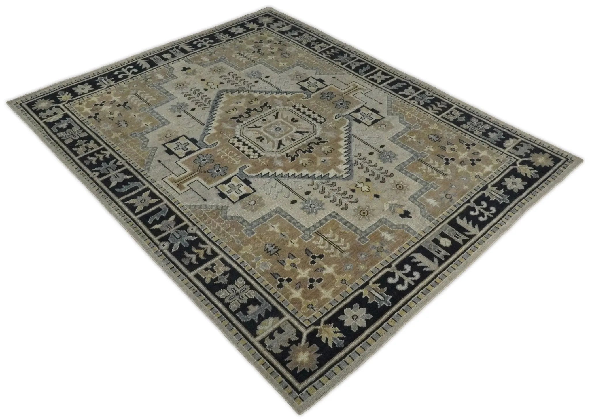 Vintage Distressed Hand Knotted Traditional Heriz Serapi Camel, Ivory and Black Custom Made wool Area Rug